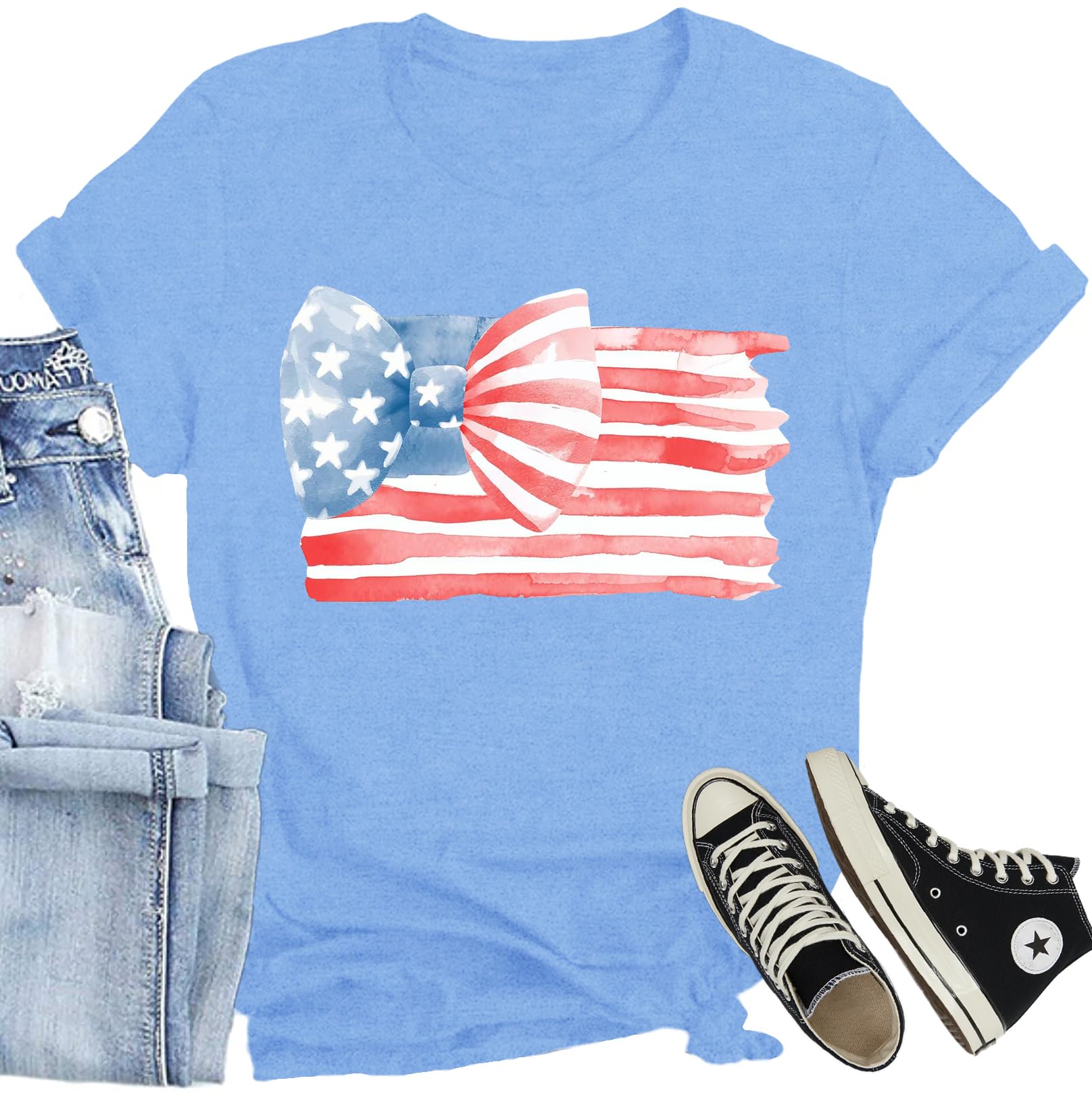 CQF Women American Flag Patriotic T-Shirts Cute USA Bow Flag Shirts Happy 4th of July Tee Tops