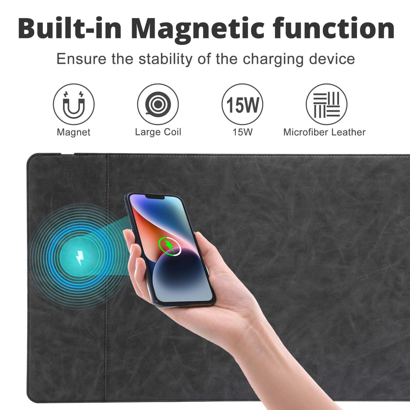 Tappetino per mouse magnetico con ricarica wireless, 78,7 x 29,7 cm, grande tappetino per mouse con ricarica wireless, tappetino da scrivania in pelle in microfibra, impermeabile, esteso per tastiera