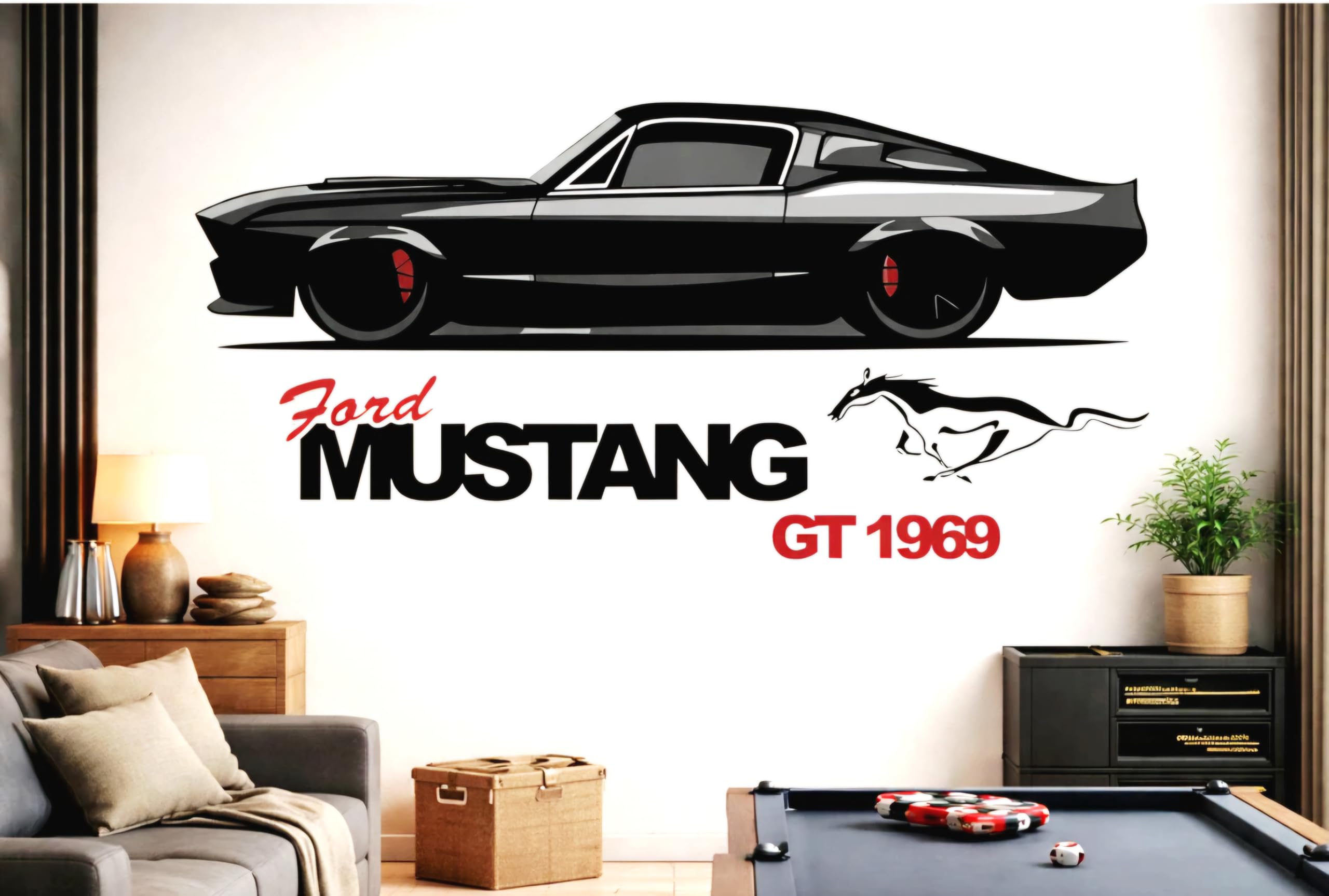 Ford Mustang GT 1969 Wall Sticker, Black Classic Muscle Car Silhouette, Vintage Automotive Theme Home Decor, 3D Wall Sticker for Bedroom/Living Room/Kids Room-image-34