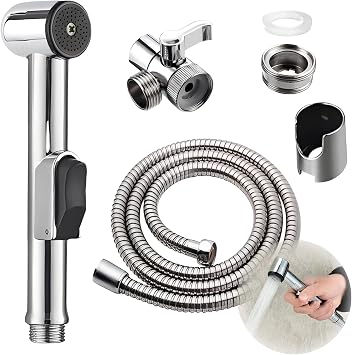 Handheld Bidet Sprayer Kit Stainless Steel Shattaf Muslim Toilet Shower | 2-Way Diaper Washer With Hose, Sink Faucet Diverter Head. Bathroom Shower & Douche Kit for Pet Bath, Baby Cloth. Silver