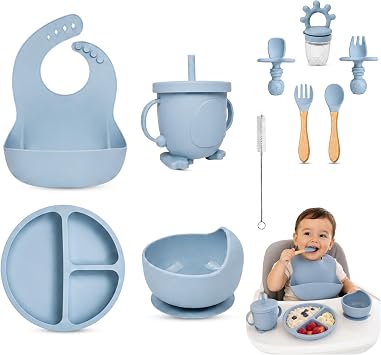 A-bee-k Baby Weaning Set 9PCS Silicone Baby Feeding Set with Suction Plate & Bowl, Bib, Straw Cup, Wooden Spoon & Fork, Fruit Feeder, BPA Free Baby Led Weaning Set Blue