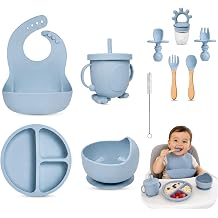A-bee-k Baby Weaning Set 9PCS Silicone Baby Feeding Set with Suction Plate & Bowl, Bib, Straw Cup, Wooden Spoon & Fork, Fruit Feeder, BPA Free Baby Led Weaning Set Blue
