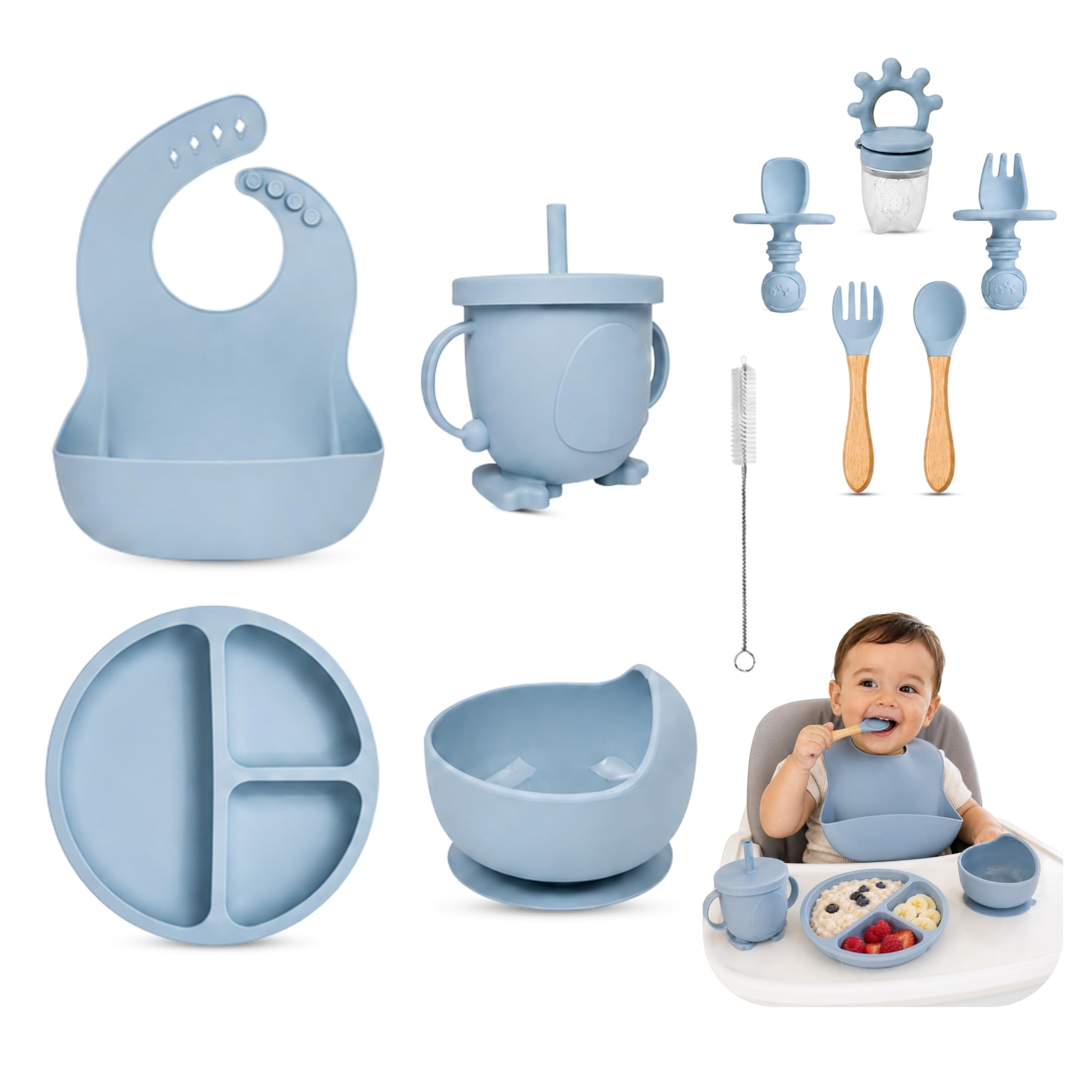 A-bee-k Baby Weaning Set 9PCS Silicone Baby Feeding Set with Suction Plate & Bowl, Bib, Straw Cup, Wooden Spoon & Fork, Fruit Feeder, BPA Free Baby Led Weaning Set (Blue)