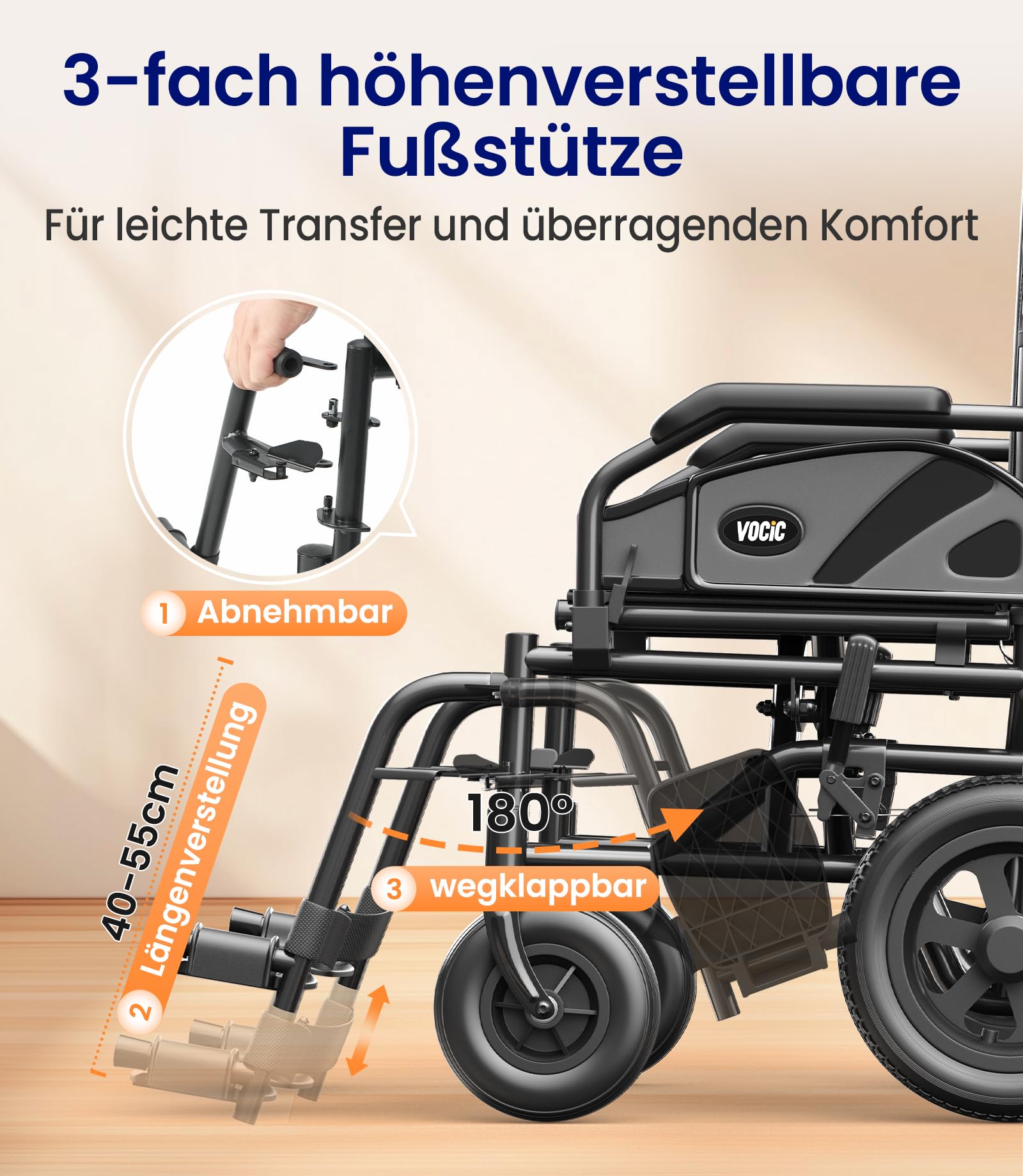 VOCIC U11 Sedia a Rotelle Pieghevole Leggera 13KG Stretta | Carrozzina per anziani fino a 136KG,30CM ruote fuoristrada,cuscino 3D,doppio freno,alluminio|Grigio Chiaro