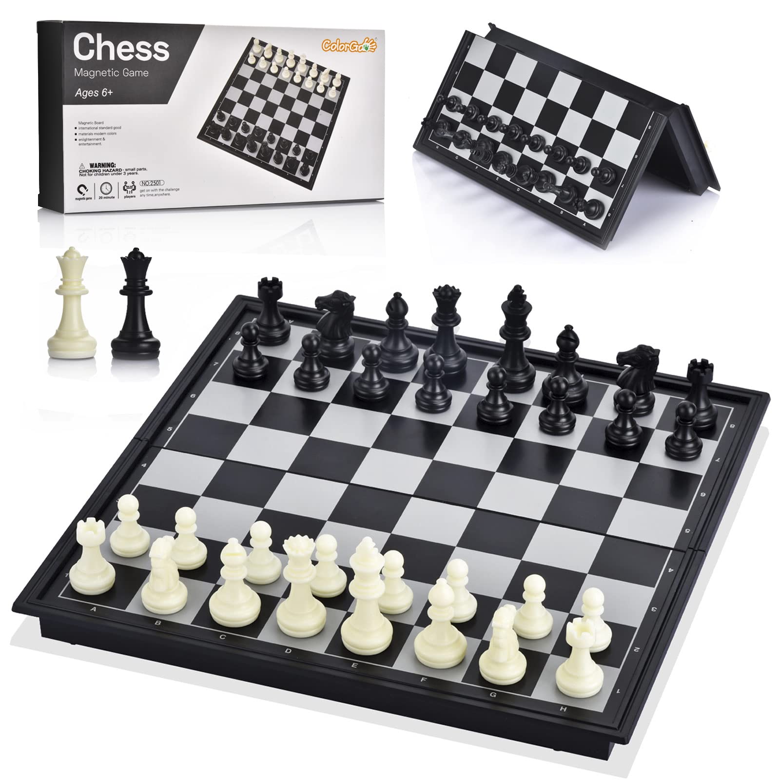 Chess Set with Folding Magnetic Travel Games Board and 2 Extra Queens for Kids and Adults (Black and White)