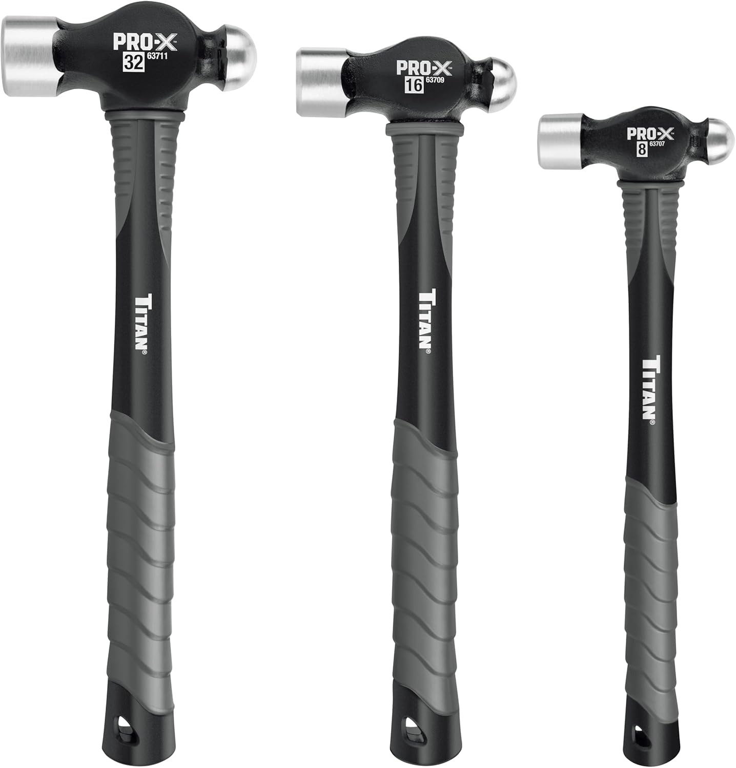Titan Pro-X 63706 3-Piece Ball Pein Hammer Set, Includes 8oz, 16oz & 32oz Ball Peen, Overstrike Protection, Forged Steel Heads, Shock Absorbing Fiberglass Handles & Textured Grips