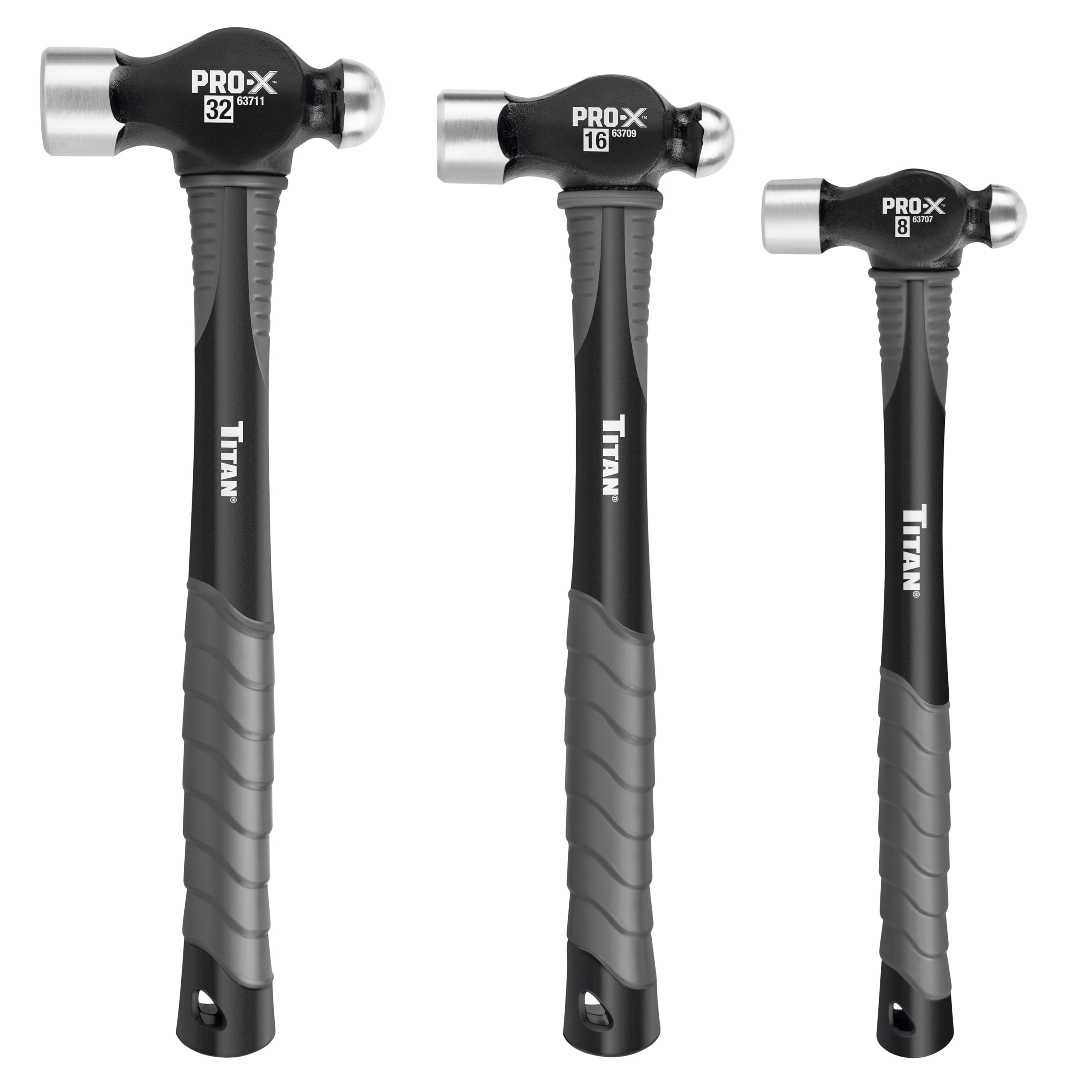Titan Pro-X 63706 - Juego de martillos de bola de 3 piezas, incluye pluma de bola de 8 onzas, 16 onzas y 32 onzas, protección contra sobregolpes, cabezales de acero forjado, asas de fibra de vidrio