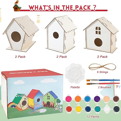 Miniatura 2 de Treewant Paquete de 6 kits de casa de pájaros, arte y manualidades para KDS de 3 a 8 años, construir y pintar casa de pájaros, kits de arte de