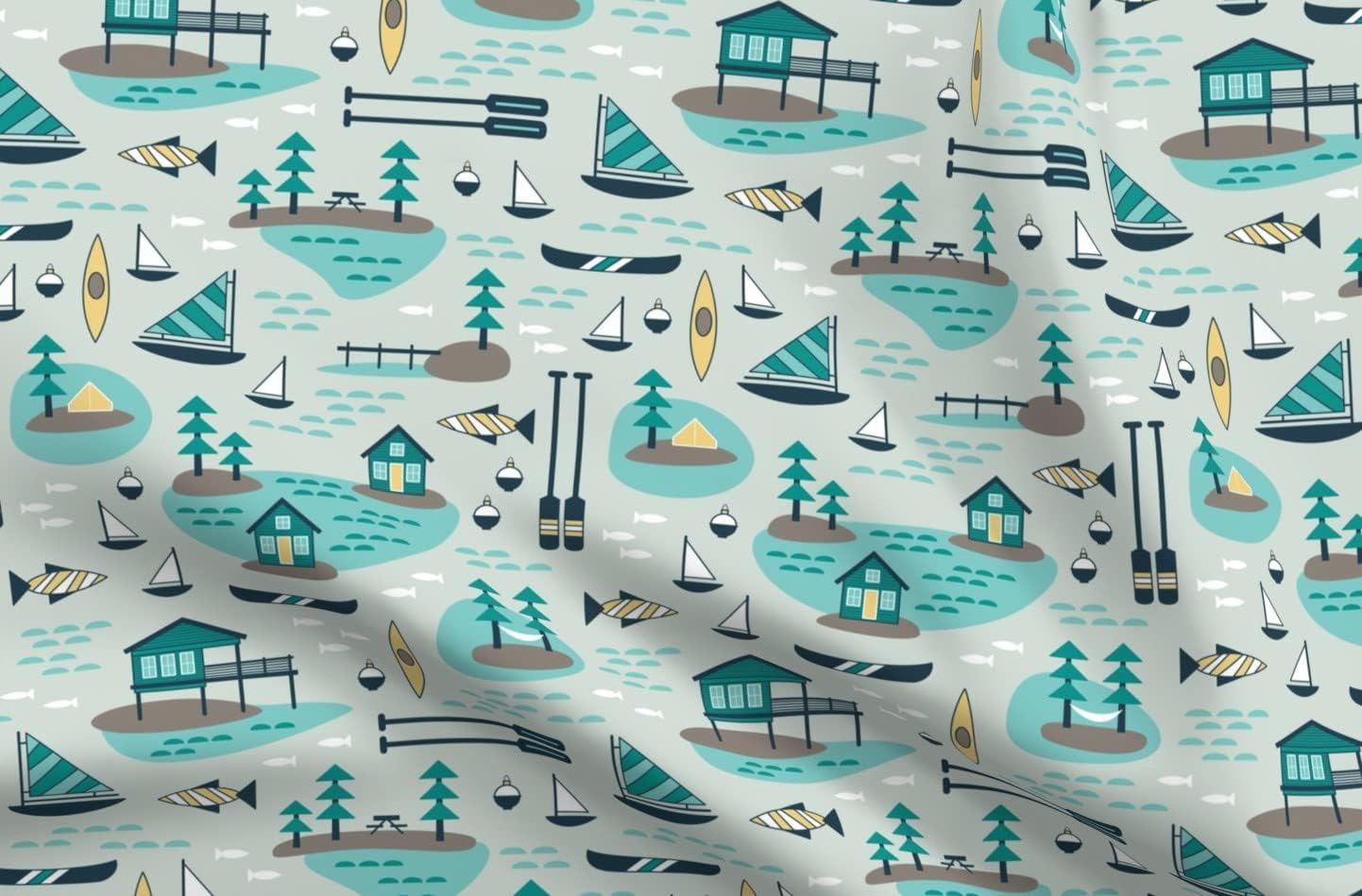 Spoonflower Fabric - Summer Novelty Lake Fishing Boat Camping Cabin Vacation Boating Pier Printed on Petal Signature Cotton Fabric Fat Quarter - Sewing Quilting Apparel Crafts Decor