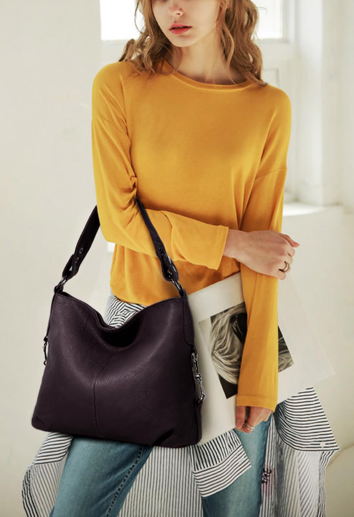 YALUXE Genuine Leather Shoulder Bags Stylish Hobo Handbags Purses Crossbody Bags for Women