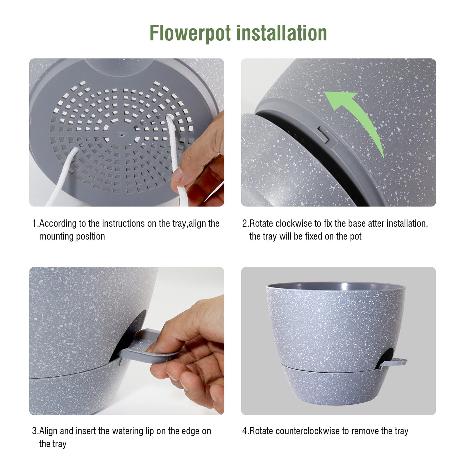 WSMKSZ Macetas de riego automático de 10 Pulgadas, macetas con Agujeros de Drenaje de Malla para Plantas de Interior y Exterior, Juego de 2 macetas de plástico con depósito Profundo, Gris Moteado