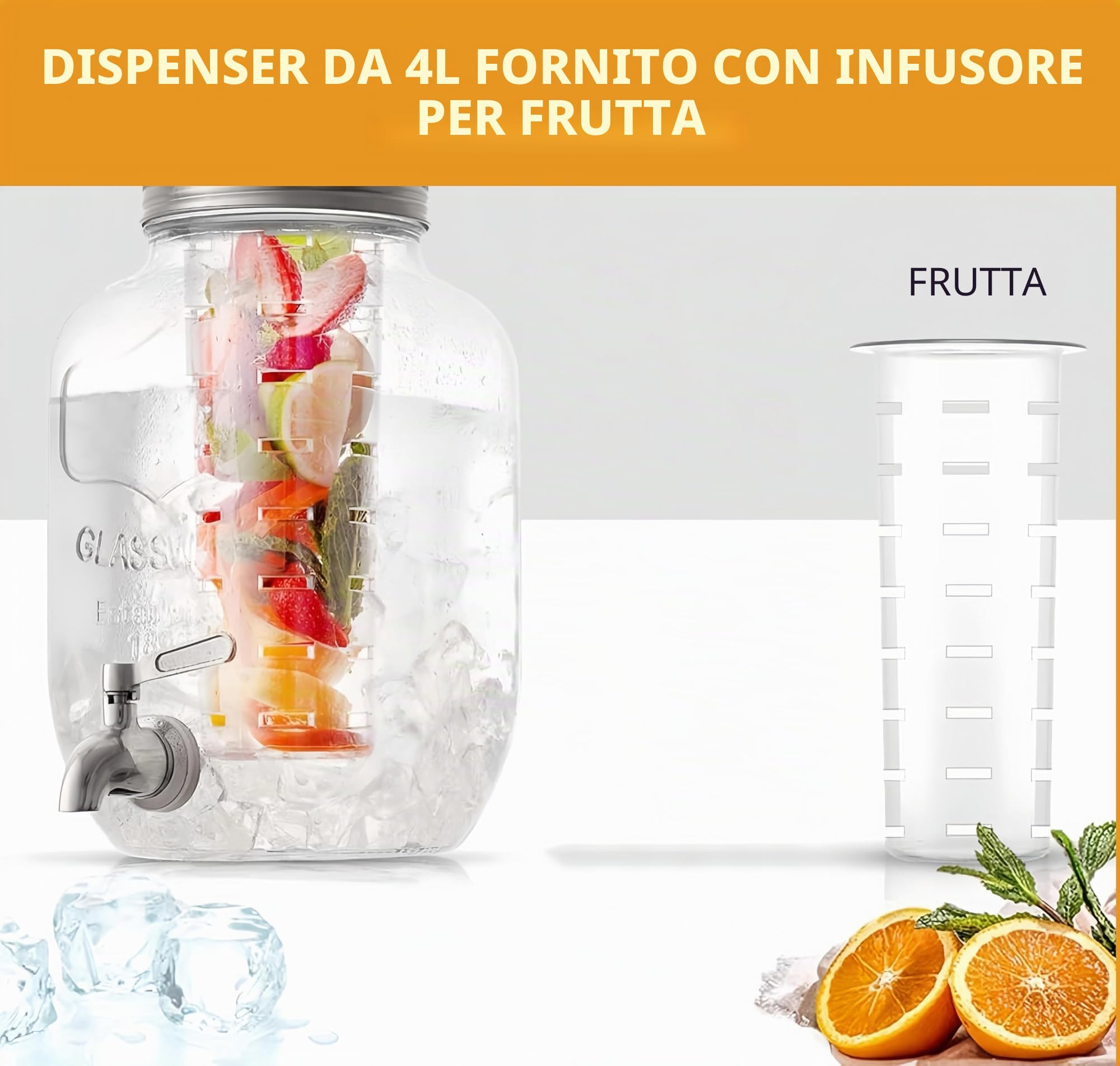 2 dispenser per bevande in vetro da 4 l, con supporto, dispenser per bevande in vetro, con rubinetto per succhi di frutta ghiacciati, acqua, bevande fatte in casa, feste, matrimoni