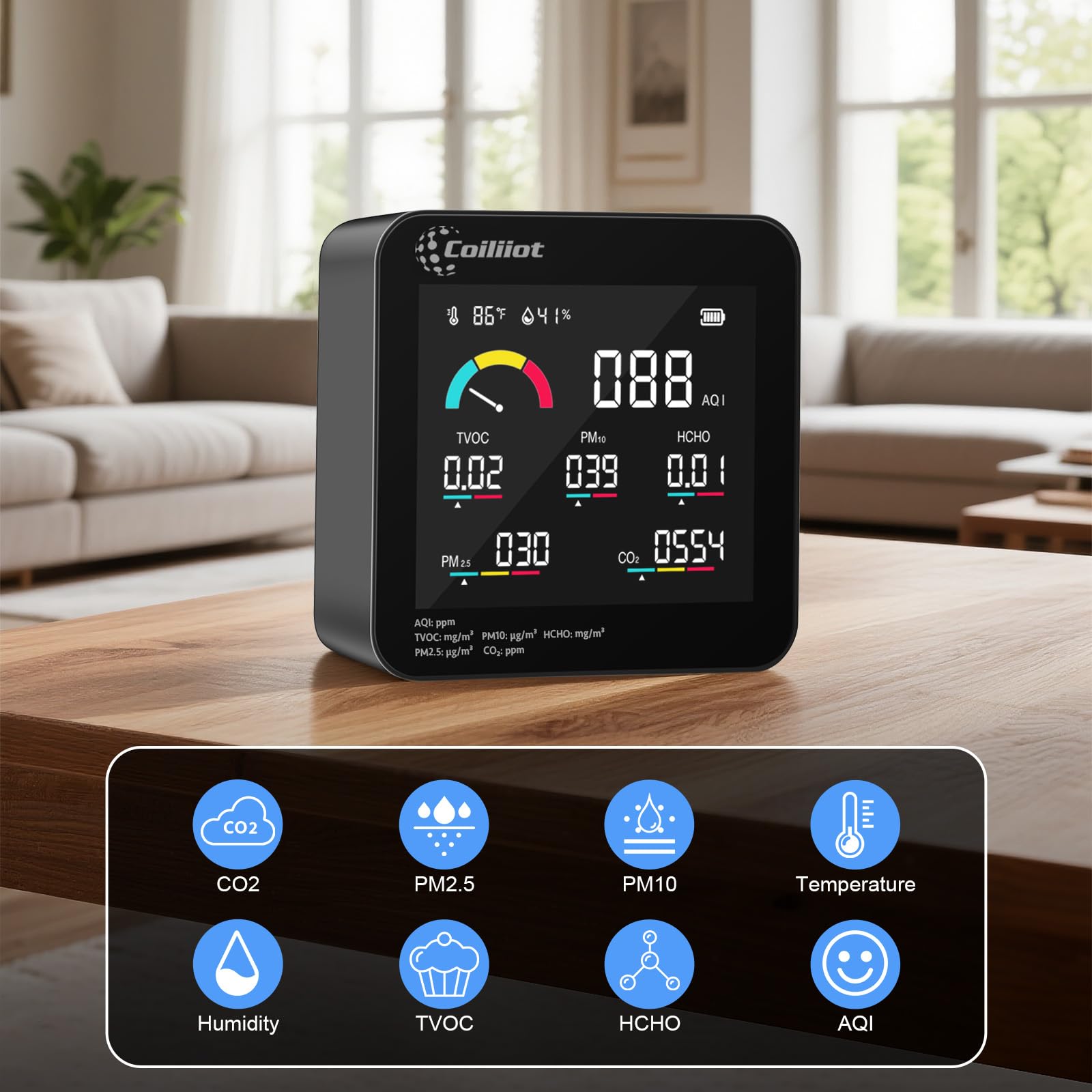 Luftqualitätsmonitor für den Innenbereich, CO2 HCHO TVOC PM2.5/PM10 Detektor mit Temperatur & Luftfeuchtigkeitsmesser, Echtzeit-AQI-Tester für Home Office (Schwarz)
