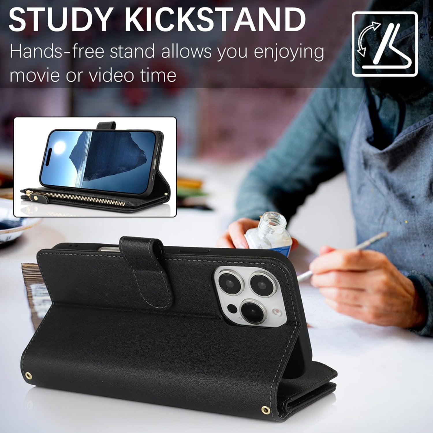 Jaorty Wallet Case for iPhone 16 Pro Max with Strap,for Women Men,[9 Card Slots] [Wrist Strap] Zipper Cash Pocket Magnetic Leather Cover Case,6.9" Black - Image 4