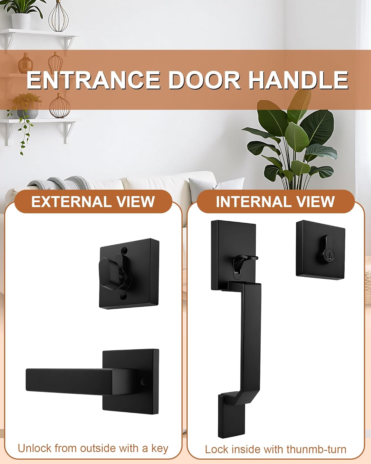 Probrico Front Door Handle and Deadbolt Set,Matte Black Front Door Lock Set,Square Exterior Door Handle and Single Cylinder Deadbolt with Reversible Handle Lever,Entry Door Lockset with Deadbolt