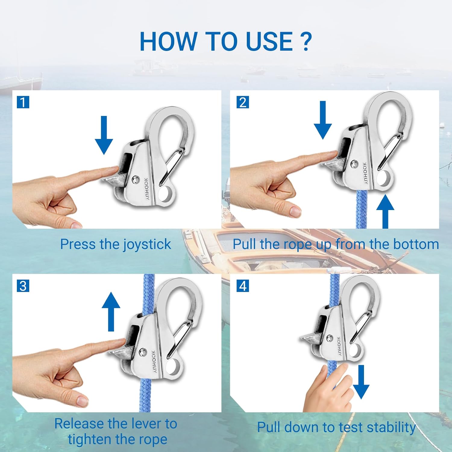 Boat Anchor Hook Knotless System, Stainless Steel Cam Cleat Rope Lock with Quick Release, Adjustable for Kayak Pontoon RV Jon Boat Camping, Holds 9000 Lbs Fits 3/8" to 5/8" Rope (2)