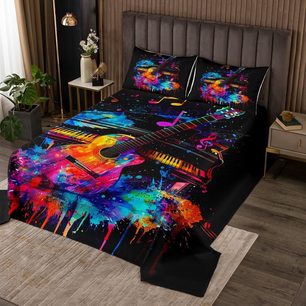 Erosebridal Saxophone 3D Print Quilt Set Queen Musical Notes Bedspread Music Stave Flower Coverlet Set for Kids Adults,Jazz Music Theme Bedding Quilted