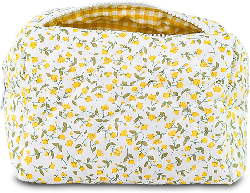 Necessaire de maquiagem acolchoada AMZMA em algodão, estampa floral amarela, modelo liang015.29