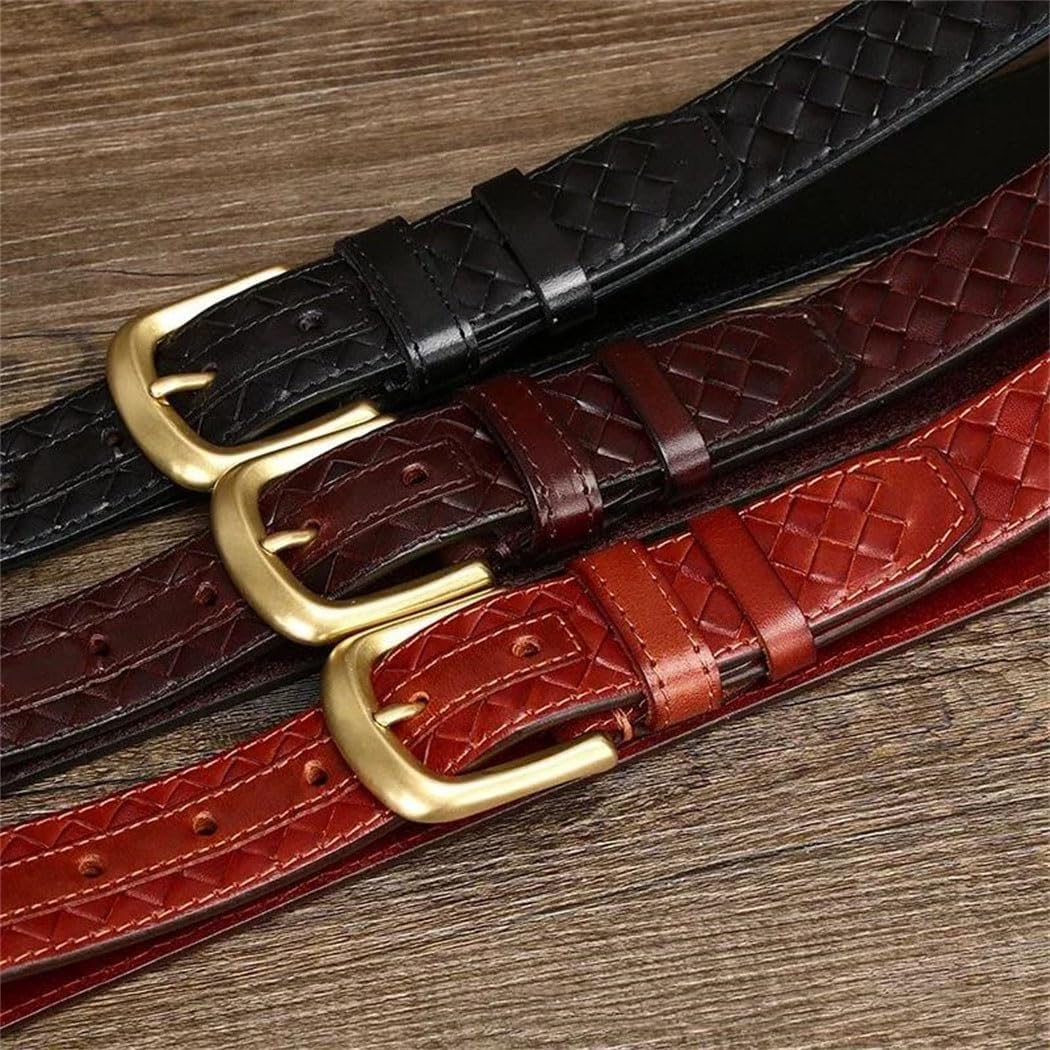 Braided Leather Belt - 3.3 cm Solid Cowskin with Brass Buckle, Unisex for Jeans