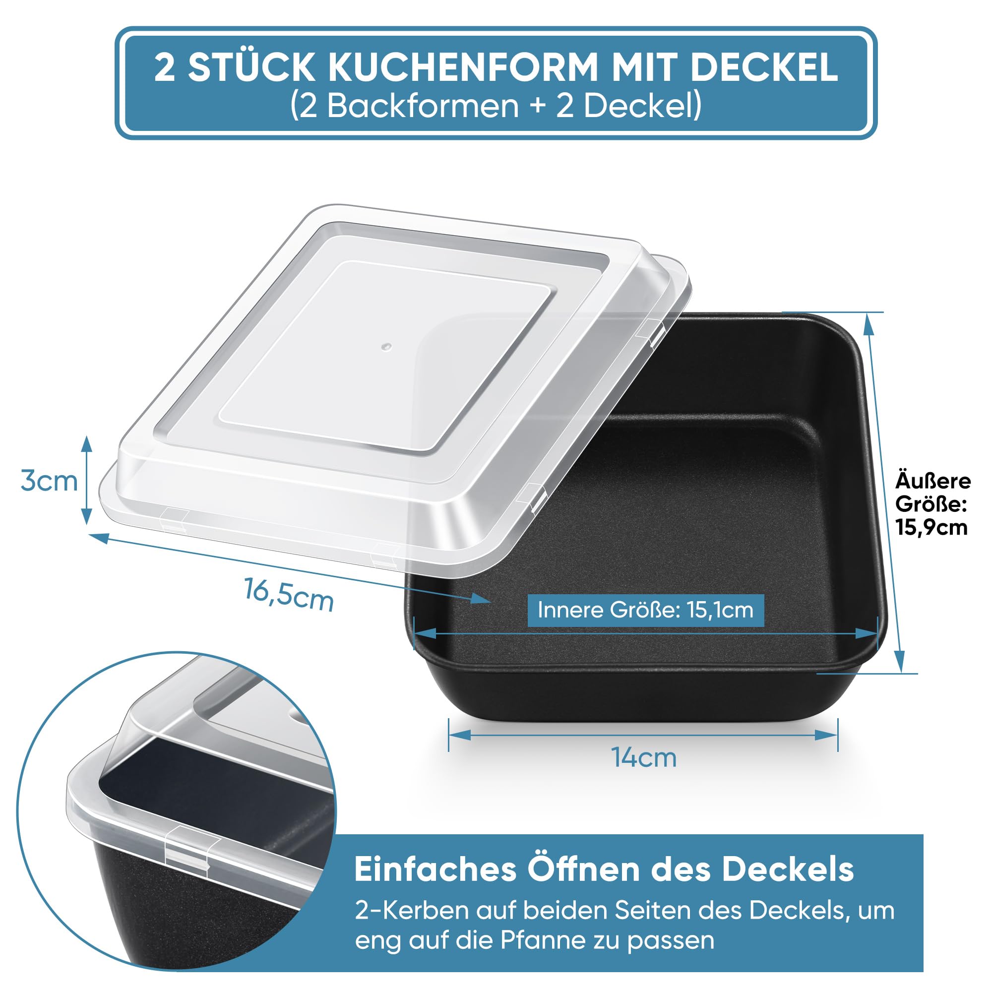 Quadratische Auflaufform 2er Set, Onader Edelstahl Eckig Kuchenform Backform mit Antihaftbeschichtung & Luftdichtem Deckel, Ideal für Kuchen/Brownie/Lasagne, Leicht zu reinige - 15,9 x 15,9 x 5cm