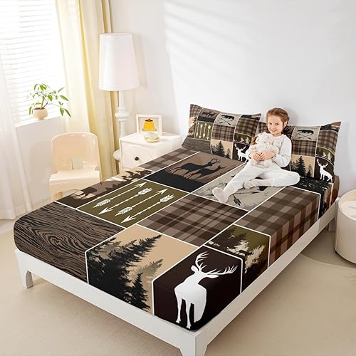Miniatura 301 de Sábana bajera ajustable de oso de caza, juego de ropa de cama a cuadros de búfalo, sábanas de retazos de cabaña rústica para niños, niños, Multi