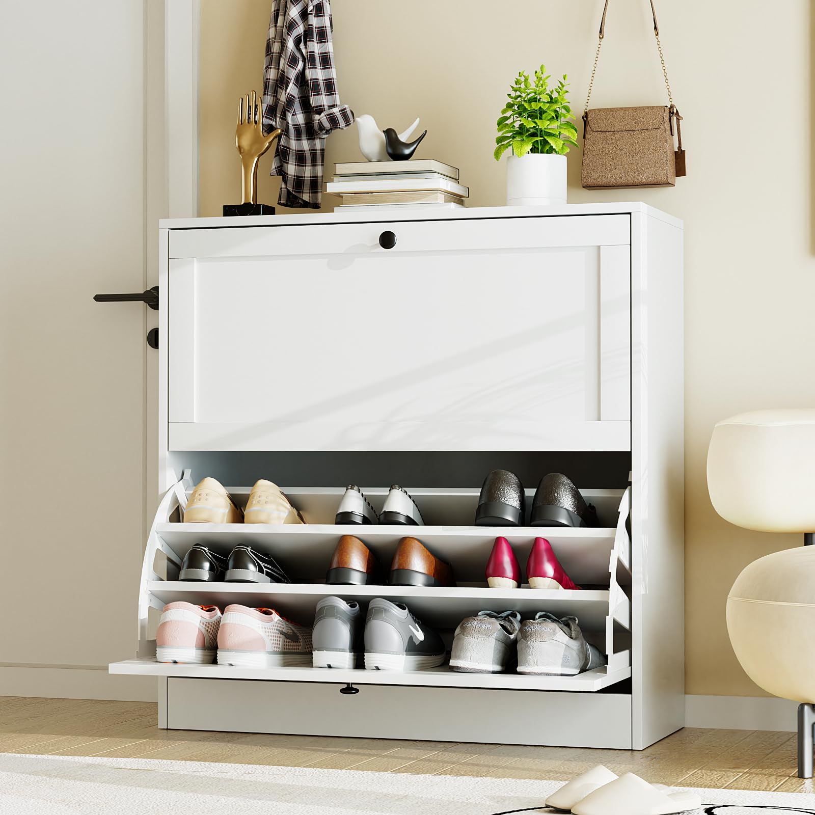 VOWNER Zapatero 2 Puertas, Zapatero Estrecho, Zapatero Entrada Recibidor, 80 x 30 x 80 cm (Largo x Ancho x Alto), Zapatero Blanco, Zapatero Madera, para Entrada Estrecha, Pasillo (Blanco)