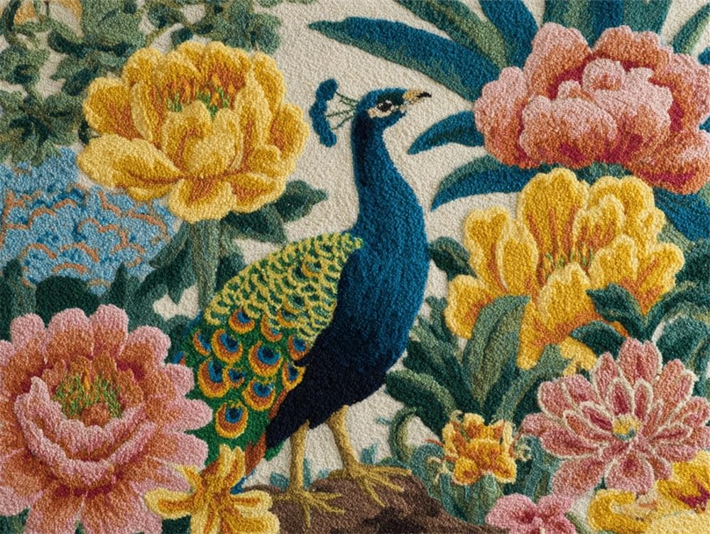FWRTYCB 3D Latch Hook Rug Kit Flowers and Peacocks Pattern 20X15Inch