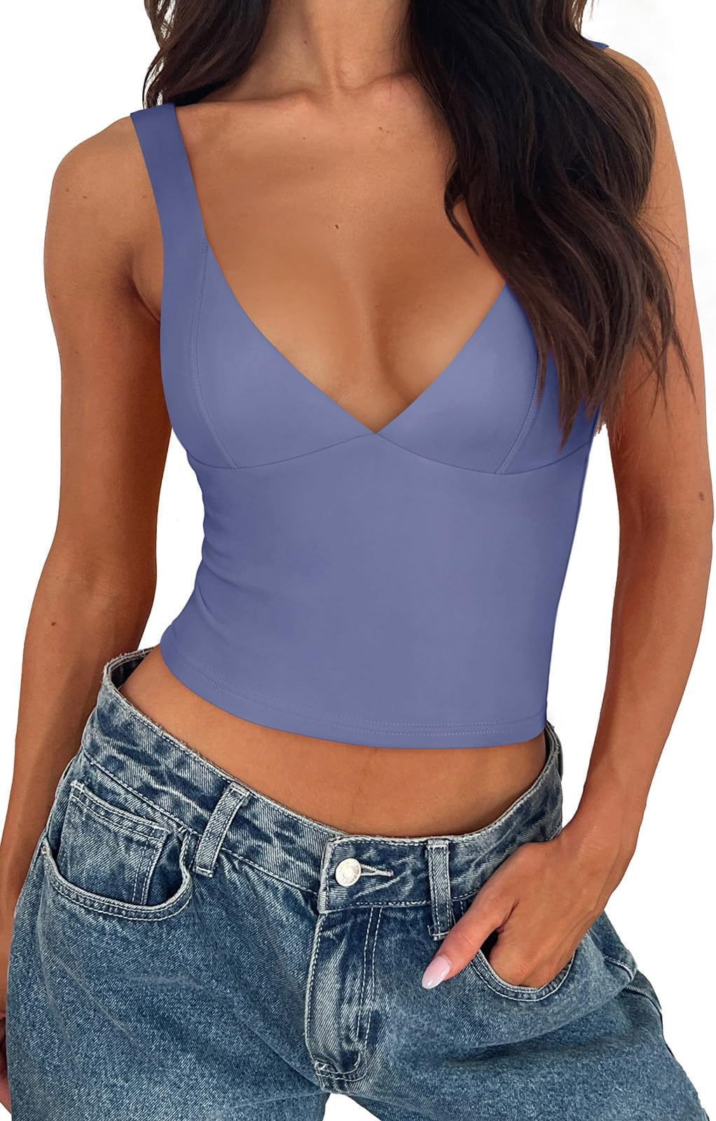 REORIA Women's Summer Sexy Casual Deep V Neck Sleeveless Slim Fit Cropped Corset Cami Fashion Trendy Y2k Going Out Crop Tank Tops Blue Nova Medium