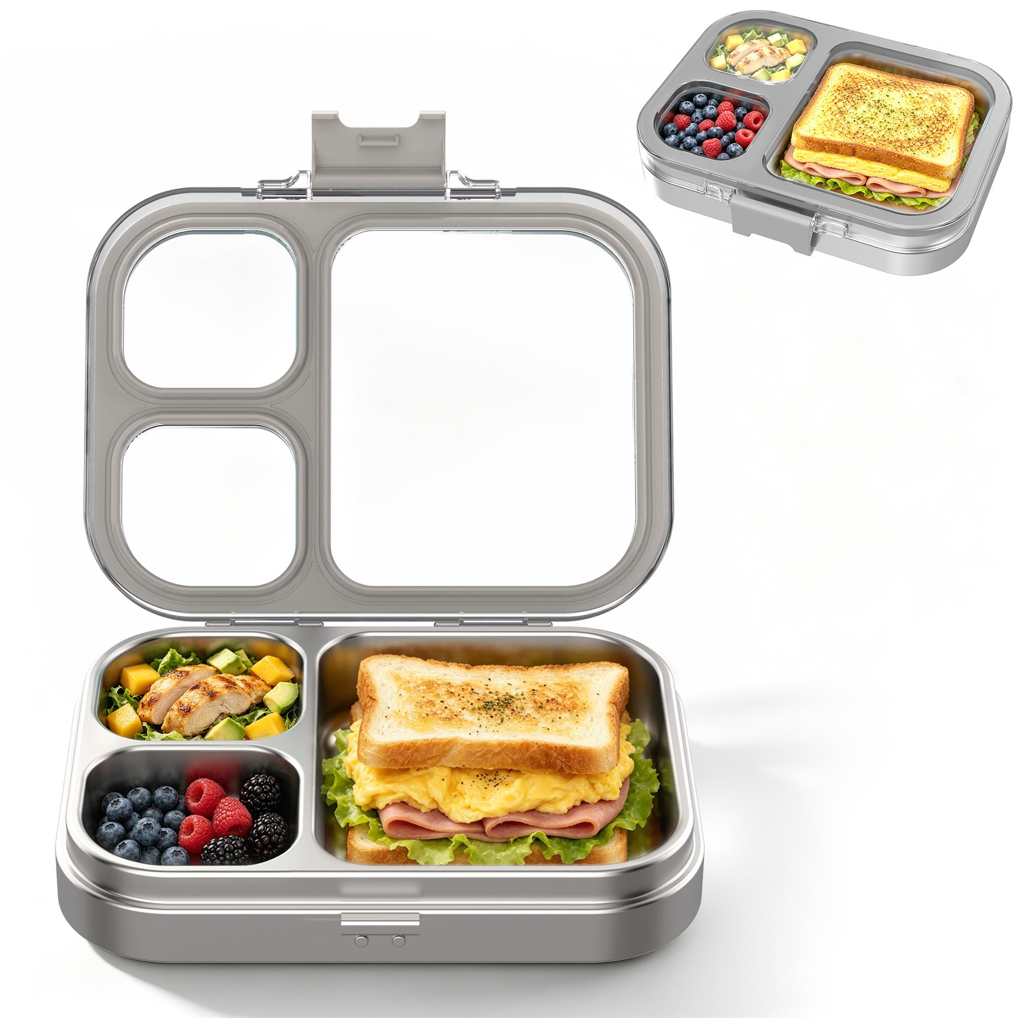 VITONIS Boîte à goûter en acier inoxydable pour enfants,Metal Bento Lunch Box Kinder anti-fuite Boîte à goûter pour enfants avec 3 compartiments et anneau d'étanchéité Gris