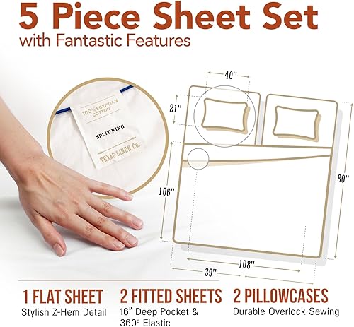 Miniatura 5 de Juego de sábanas y fundas de almohada de algodón dividido tamaño King dividido (tamaño King dividido, 600 hilos), color beige, 4 piezas, sábanas de