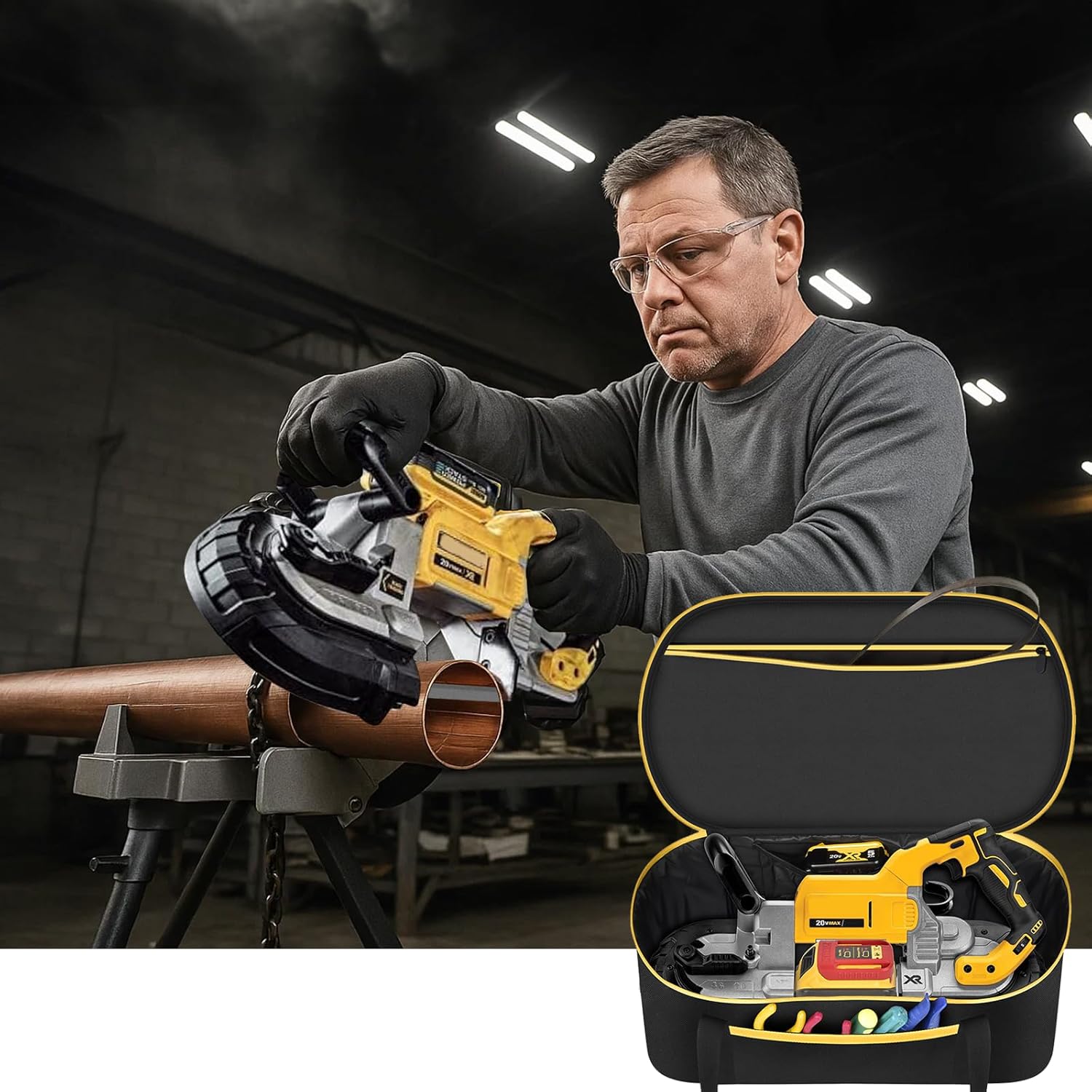 Storage Bag for DEWALT DCS374B 20V MAX Band Saw - Custom Fit Organizer with Accessory Pockets for Bare Tool, Blades, Batteries & Charger (Case Only)-Yellow Zipper
