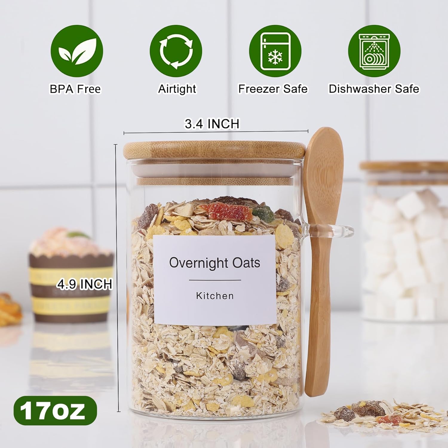 TIPGO Sugar Jar Bath Salt Container – 17 oz Glass Jar with Bamboo Lid and Spoon, Sugar Cube Holder and Canister for Countertop, Glass Containers for Coffee Beans, Tea and Overnight Oats (4 Pack)