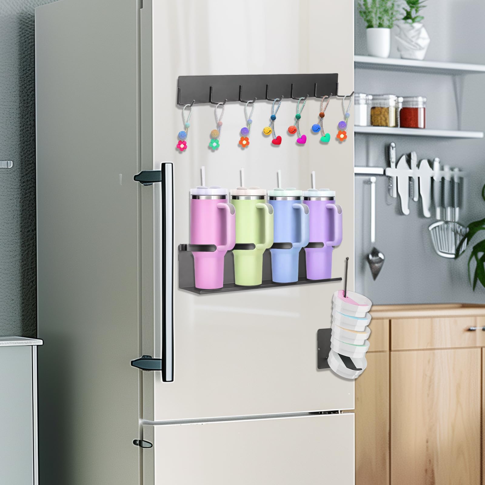 Juego de 3 soportes magnéticos para almacenamiento de tazas, portavasos magnético para nevera con organizador de tapa de vaso y ganchos para tazas S-TANLEY de 20 onzas, 30 onzas, 40 onzas, organizador