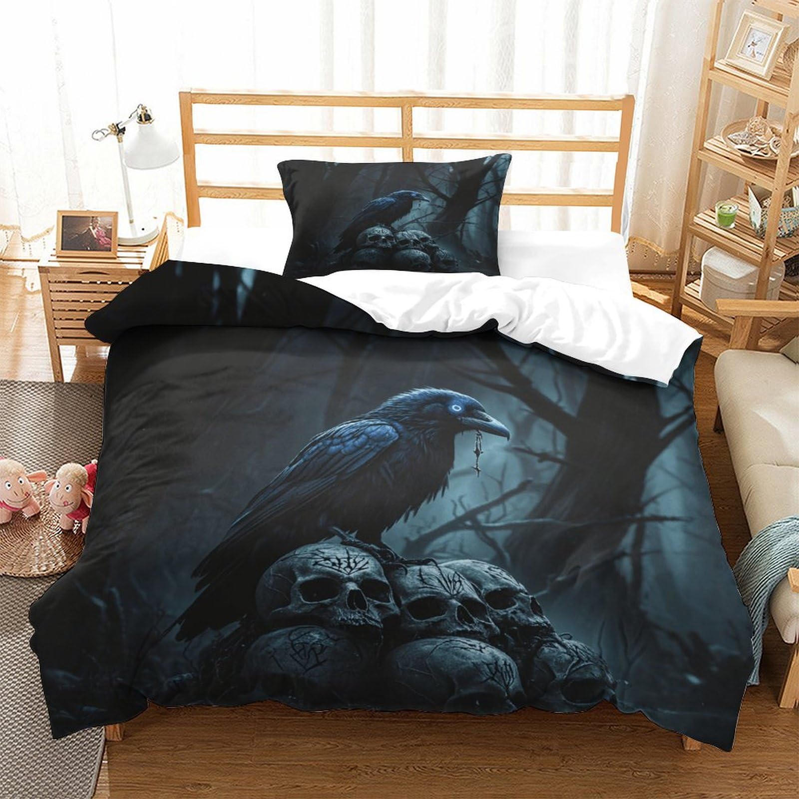 XiaopangXY 3D Printed Pattern Skull & Crow Duvet Cover Set Breathable Gothic Bedding Set Comfortable Comforter Cover for Kids & Adults Washable Quilt Cover Set Single（135x200cm）