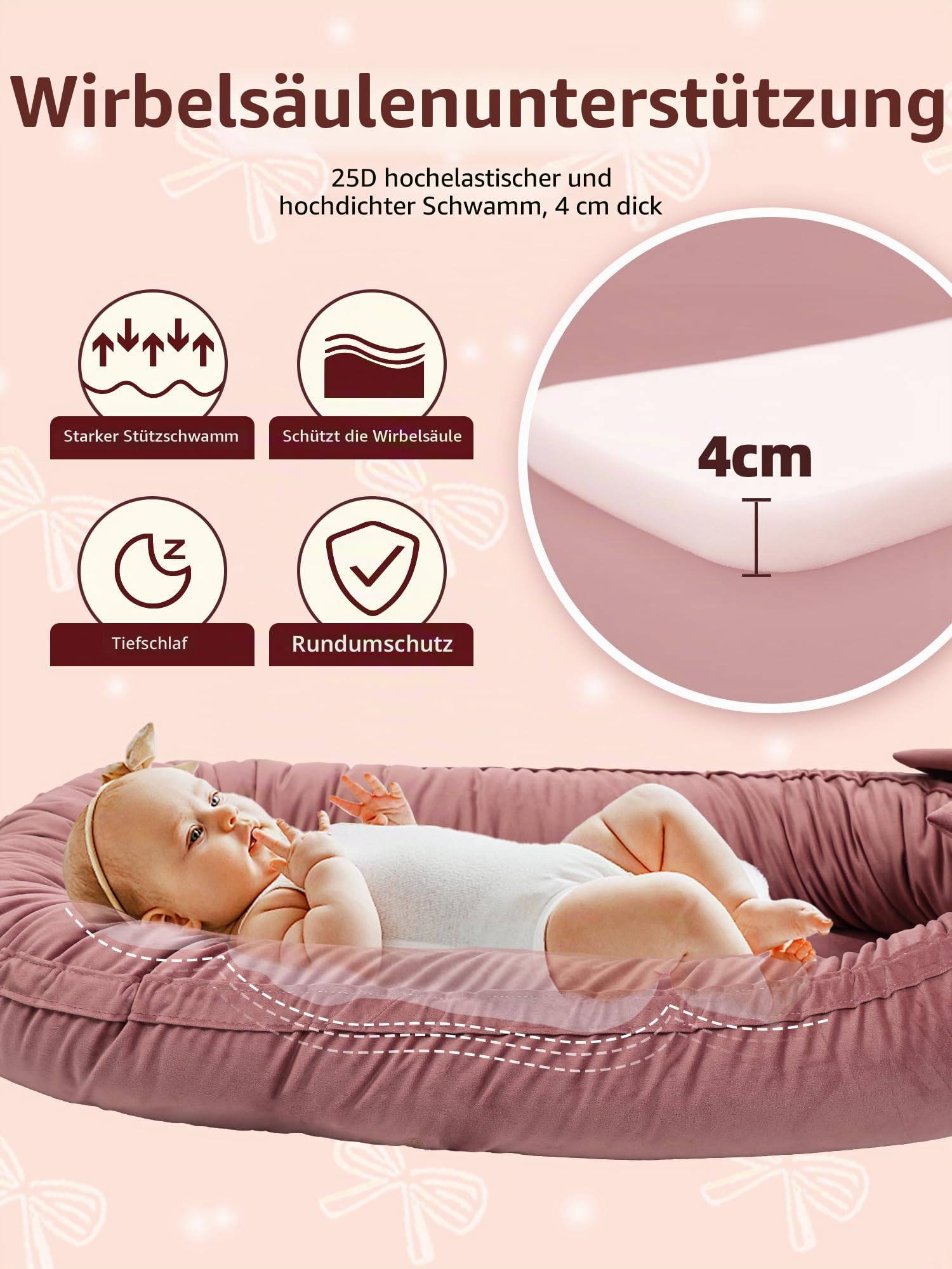 EAQ Babynest Nestchen Baby Weiches Atmungsaktives Babybett für Neugeborene Geschenk Baby Erstausstattung Neugeborene (Bohnenpaste rosa)