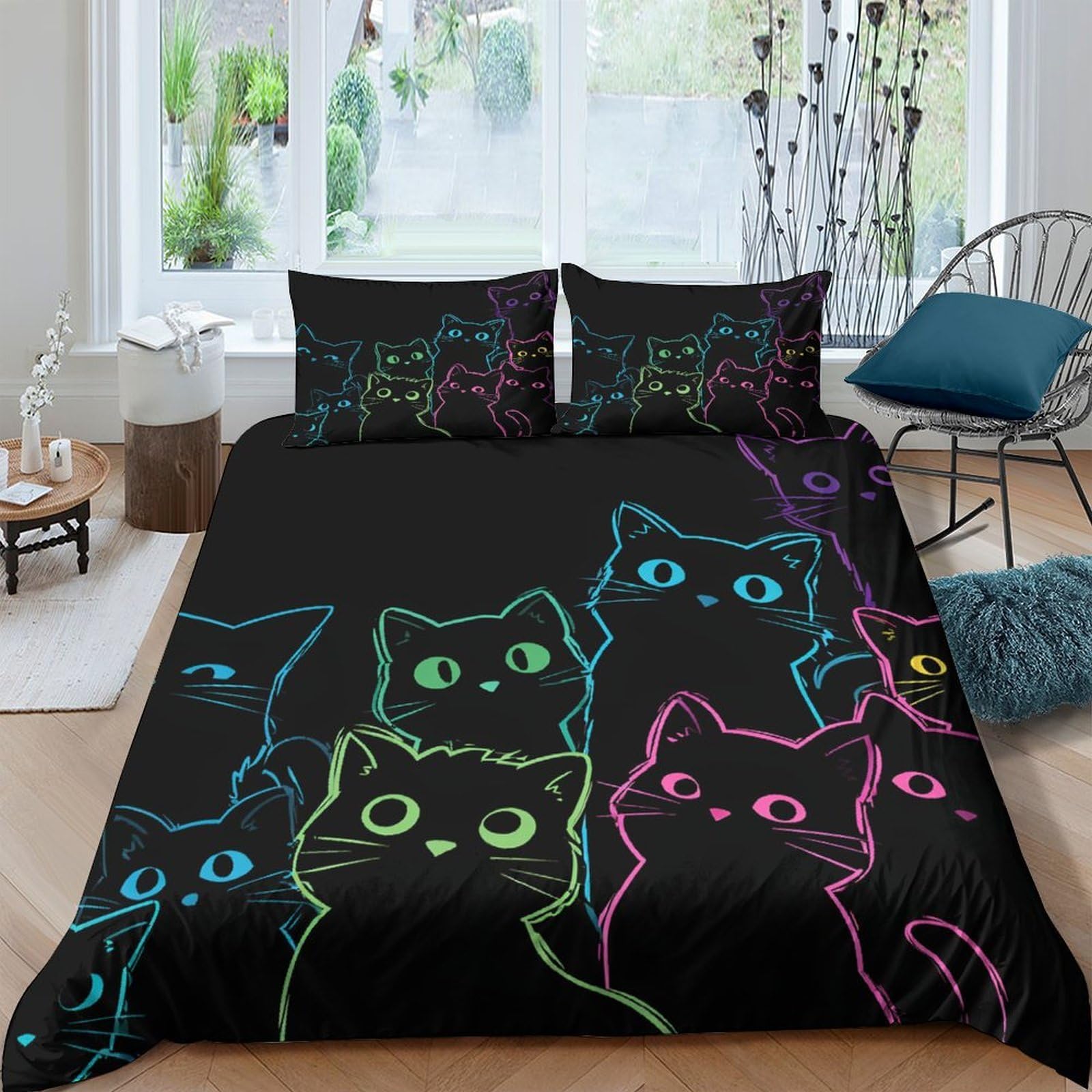 Ctjqhvkz Style-5 3D Printed Neon Cat Pattern Fitted Sheet Microfiber Soft Breathable Pastel Line Bed Cover For Bedroom Dorm Decor Single（135X200cm）