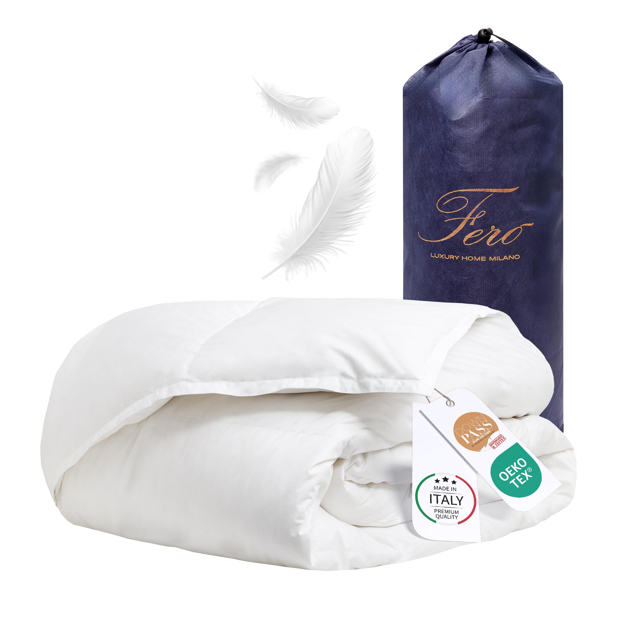 Ferò Piumino Matrimoniale Primaverile in Piuma d’Oca, Made in Italy, Duvet Leggero Traspirante, Cotone Percalle 250TC, Antiacaro, Ipoallergenico, Lavabile, OEKO-TEX