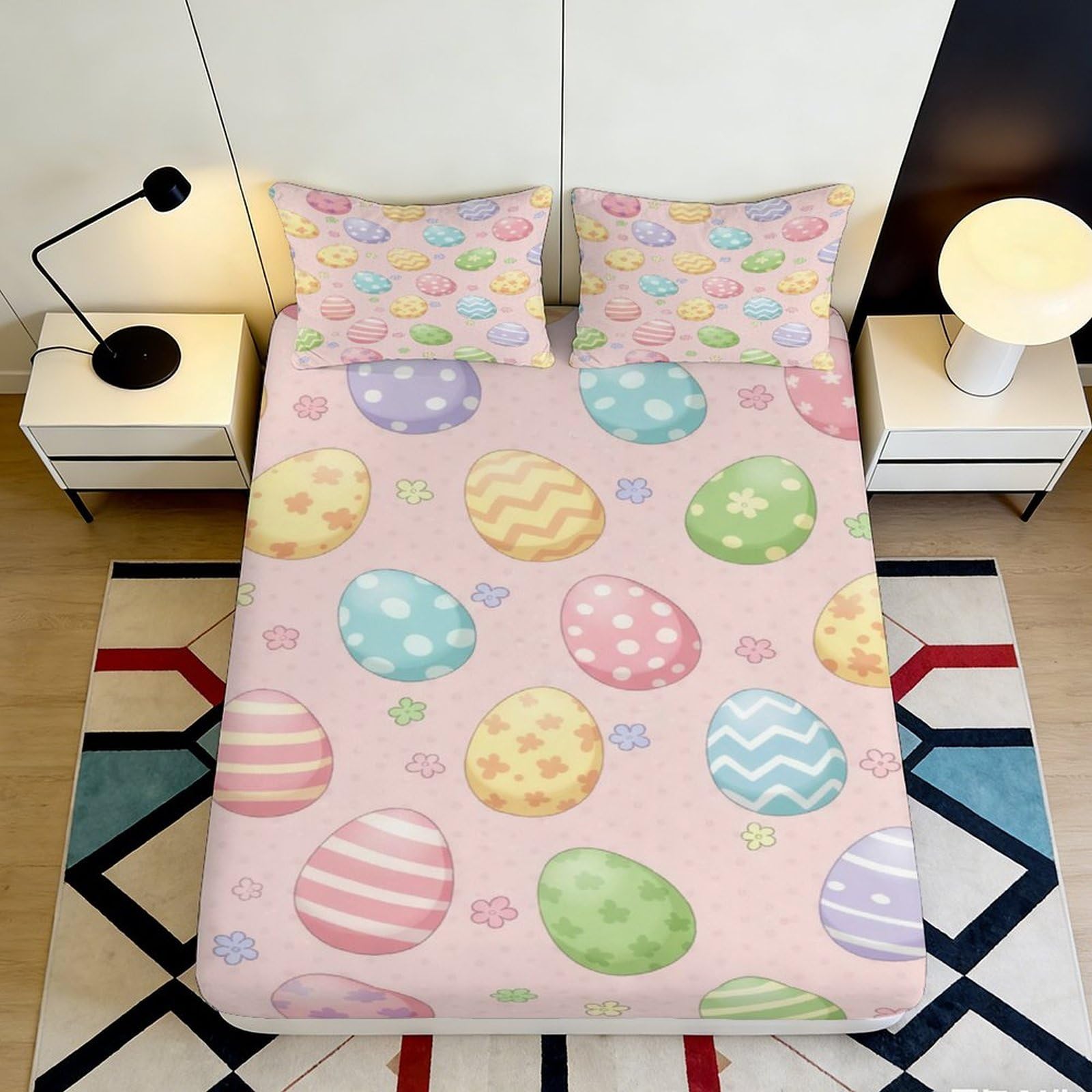 3D Printed Easter Egg Fitted Sheet Microfiber Non-Slip Deep Pocket Bedroom Bedding Easter Egg Mattress Fitted Cover Elastic Hem Washable for Adults Teens 200x200x25cm