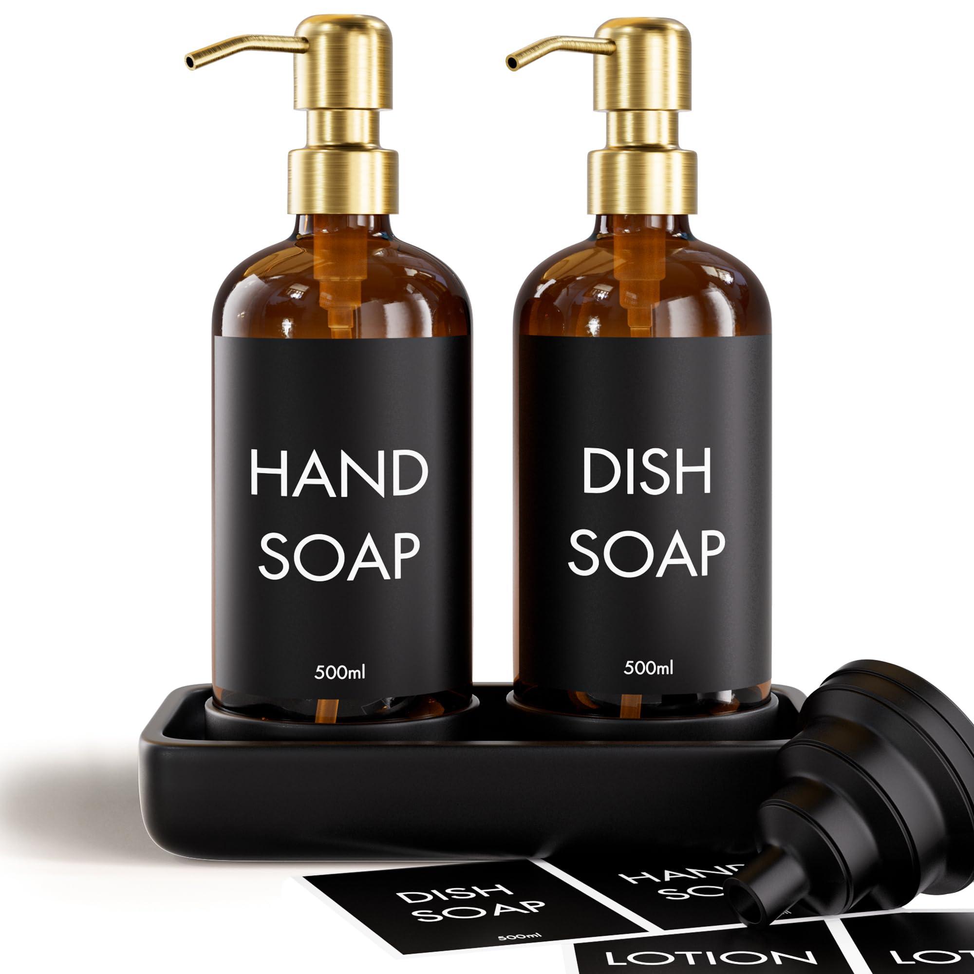 Kitchen Soap Dispenser Set With Tray - x2 Non-Slip Amber Glass Soap Dispenser With Tray, Waterproof Labels & Funnel - Hand and Dish Soap Dispenser Set With Tray - Bathroom Soap Dispenser Set With Tray