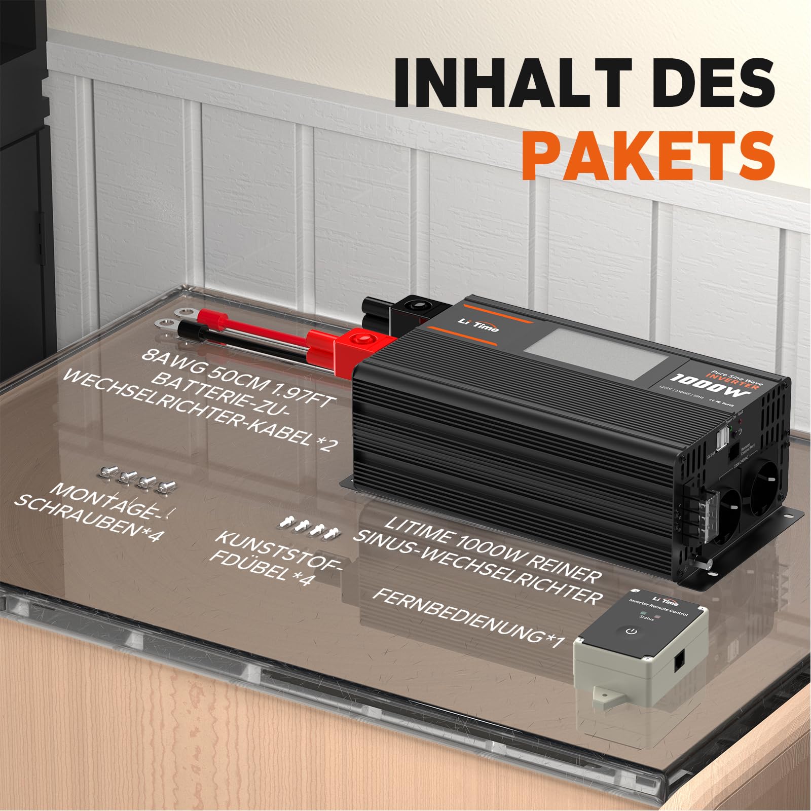 LiTime 1000 W Inverter Sinsus Pure 12 V DC a 230 V AC Convertitore per Camping-Car, Camping, Inverter Solare con 2 uscite AC, Display di Sorveglianza con Visualizzazione dello stato in tempo reale