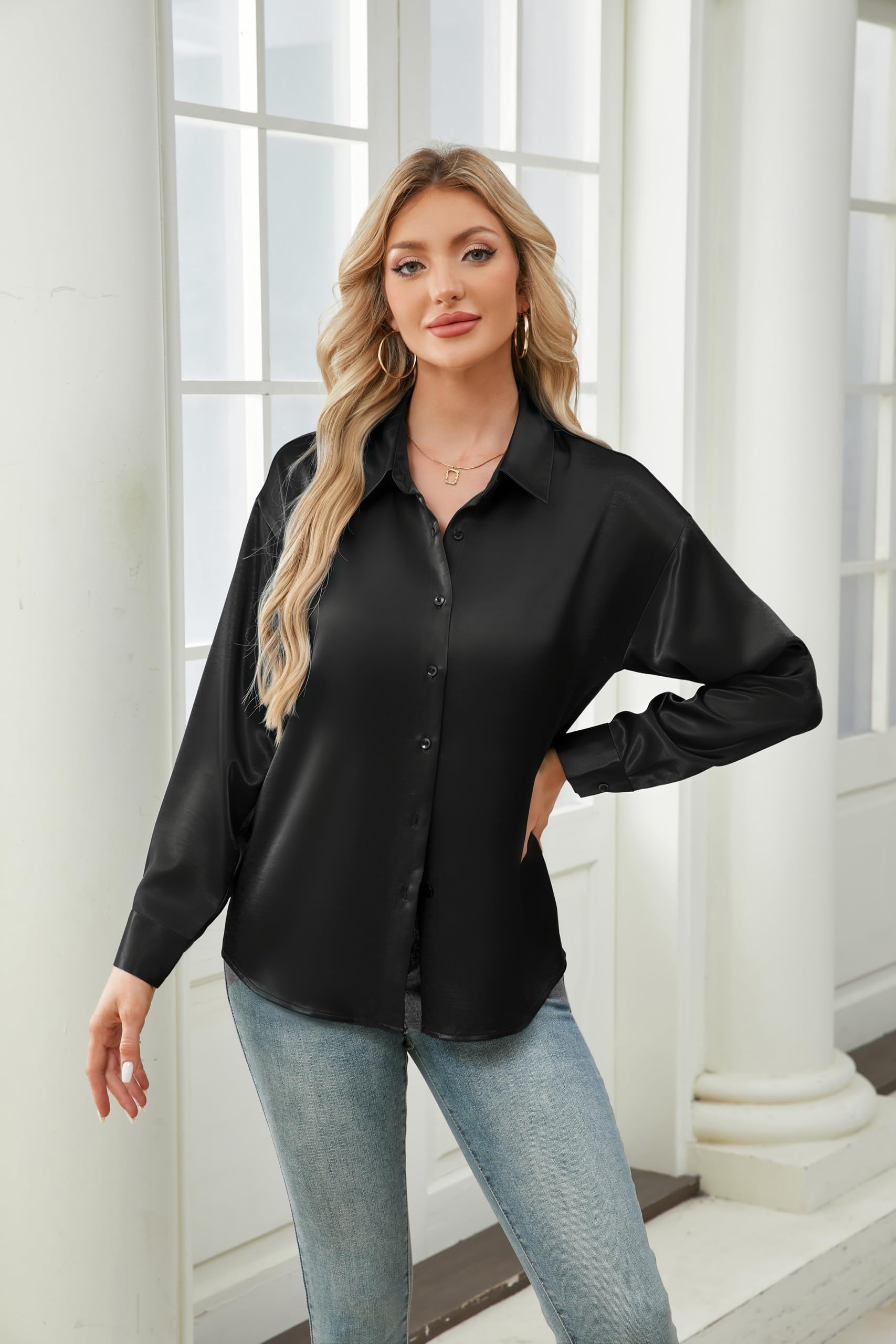 Chemisier Femme Satin Manches Longues col en V élégant Haut décontracté en Soie uni pour Le travai Affaires Les fêtes
