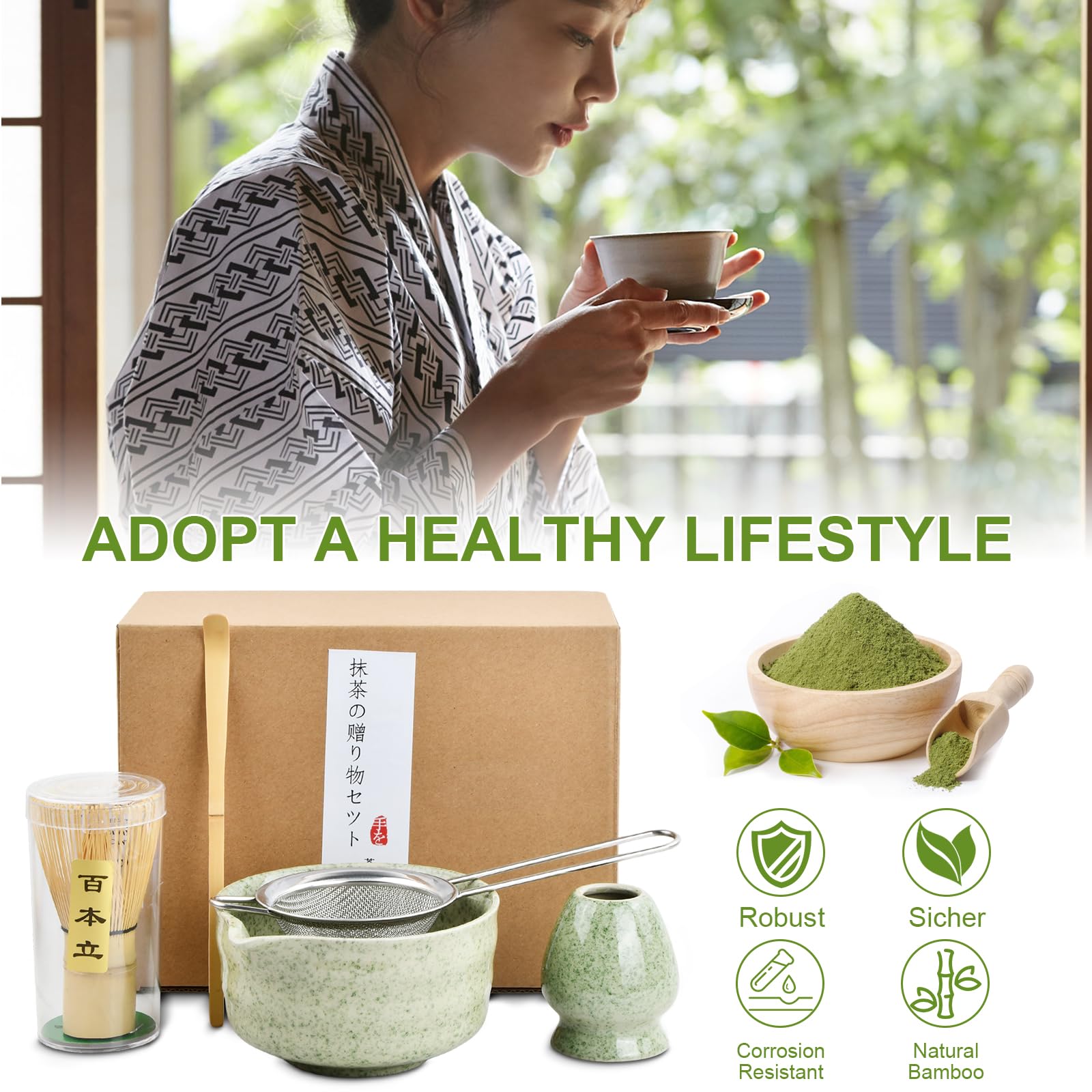 5 in 1 Set Accessori per Matcha Cerimonia Tè Giapponese con Ciotola Matcha, Frusta Matcha in Bambù Naturale, Paletta Bambù, Porta Frullino per Tè Cerimonia (Verde Intenso)