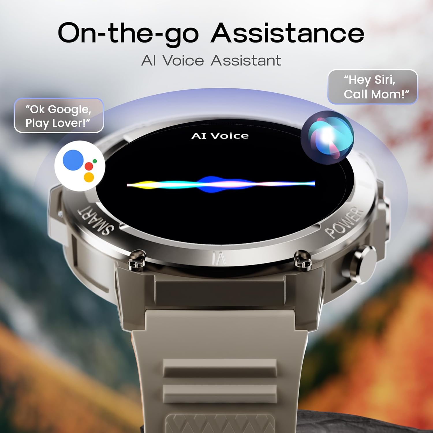 GOBOULT Tuff Hawk Smart Watch displaying an AI Voice Assistant interface, with speech bubbles for 'Ok Google, Play Lover!' and 'Hey Siri, Call Mom!'