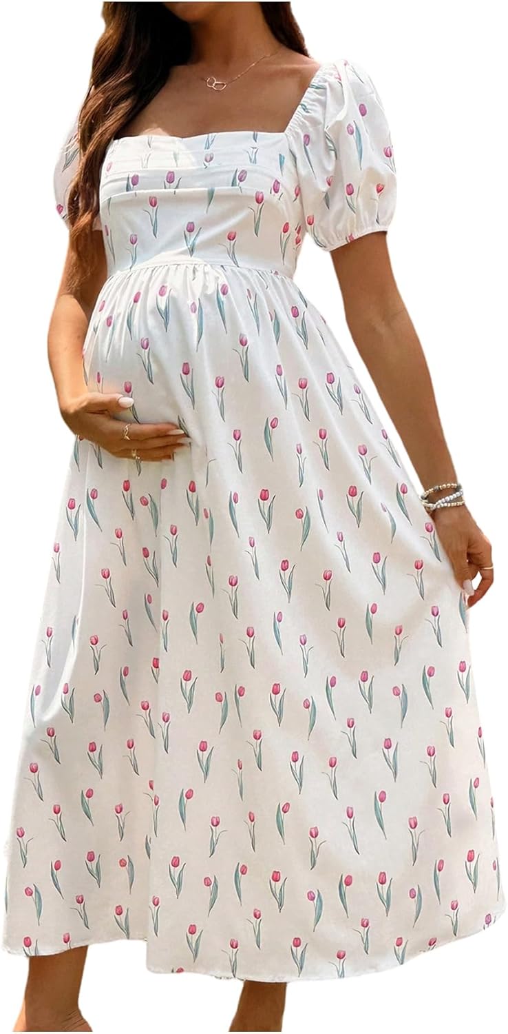 OYOANGLE Women's Maternity Dress Floral Short Puff Sleeve Square Neck Ruffle Midi Dresses for Baby Shower