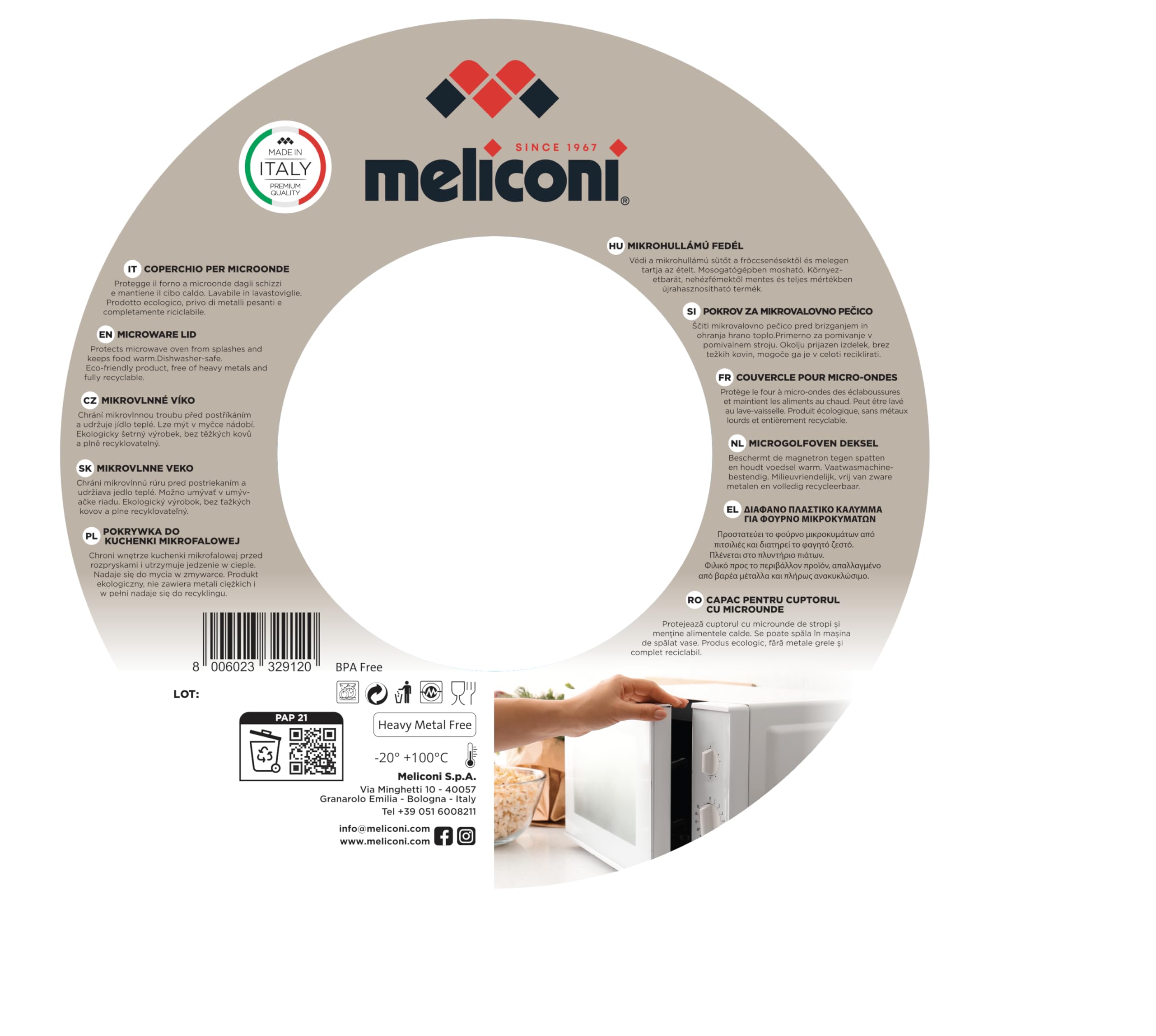 Meliconi Cubierta para Microondas Campana de Polipropileno, 26 cm, para la Cocción en Microondas, Previene Salpicaduras, Adecuado para Alimentos, No Contiene BPA