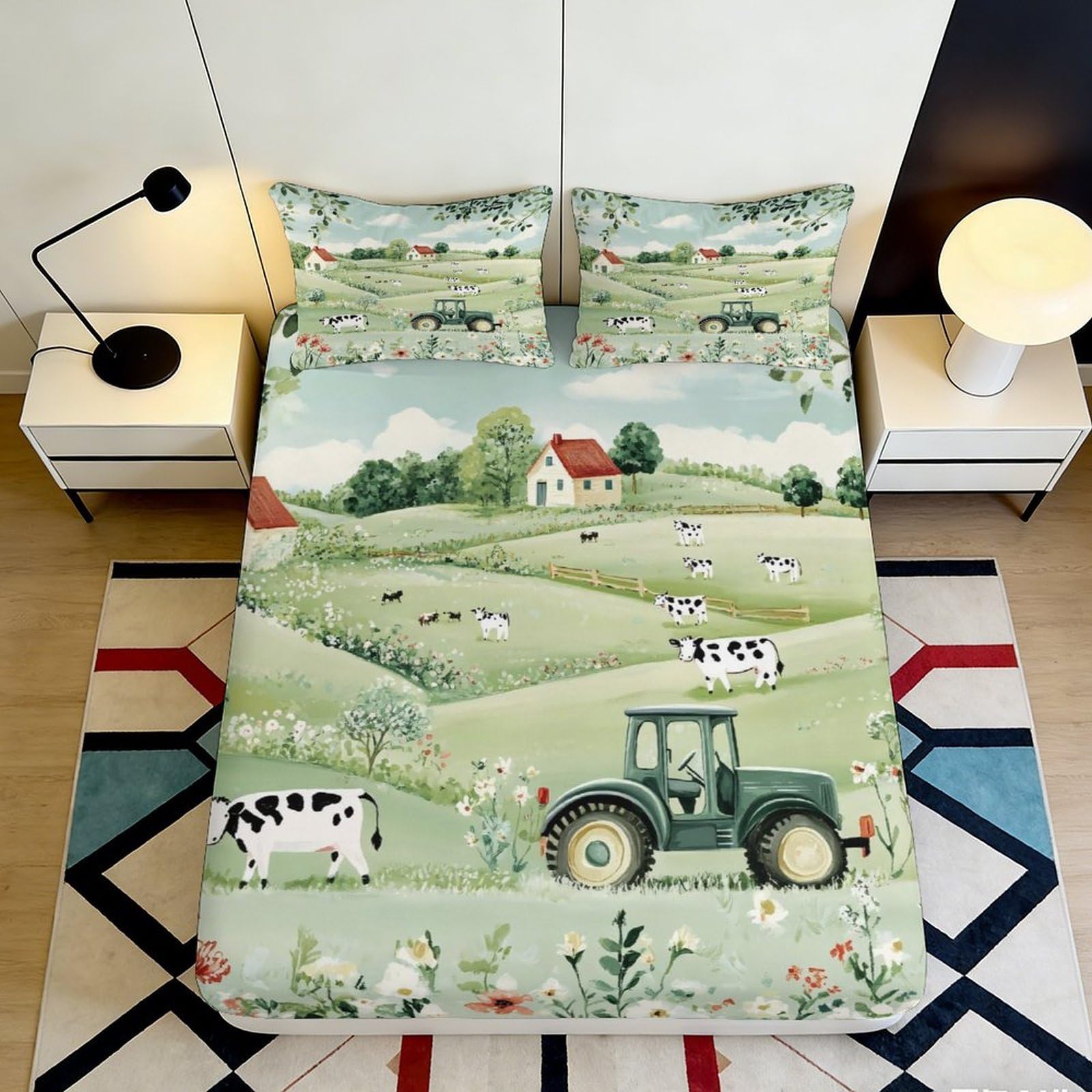 3D Printed Countryside Tractor Fitted Sheet Microfiber Pastoral Farmhouse Bed Cover for Bedroom Easy Care Decor Gift 90x200x25cm