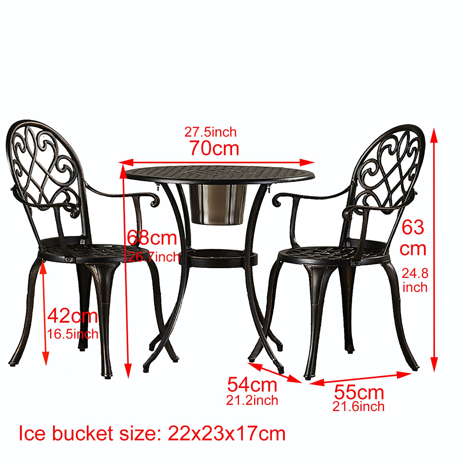 3 Pezzi Set da Bistrot con Secchiello per Il Ghiaccio Rimovibile - Set Mobili da Giardino in Fusione di Alluminio - Set Tavolo e Sedie da Giardino per Veranda, Cortile, Balcone, Giardino