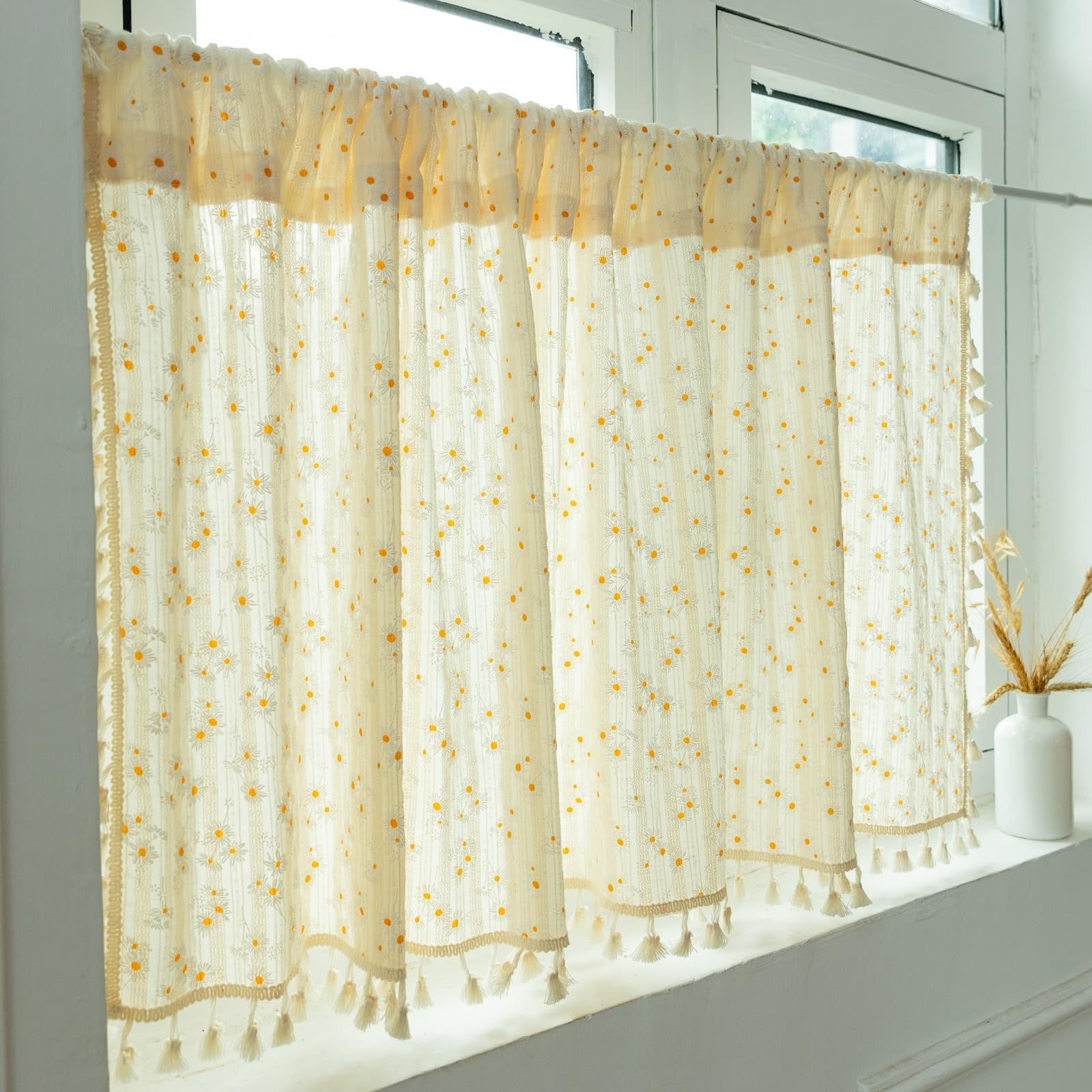 Wycian Tenda Oscurante Beige Piccola Tenda Giallo 1 Tende Cotone Fiori Pompon 140L X 80H Cm Elegante Premium Aggiornamento 3.0