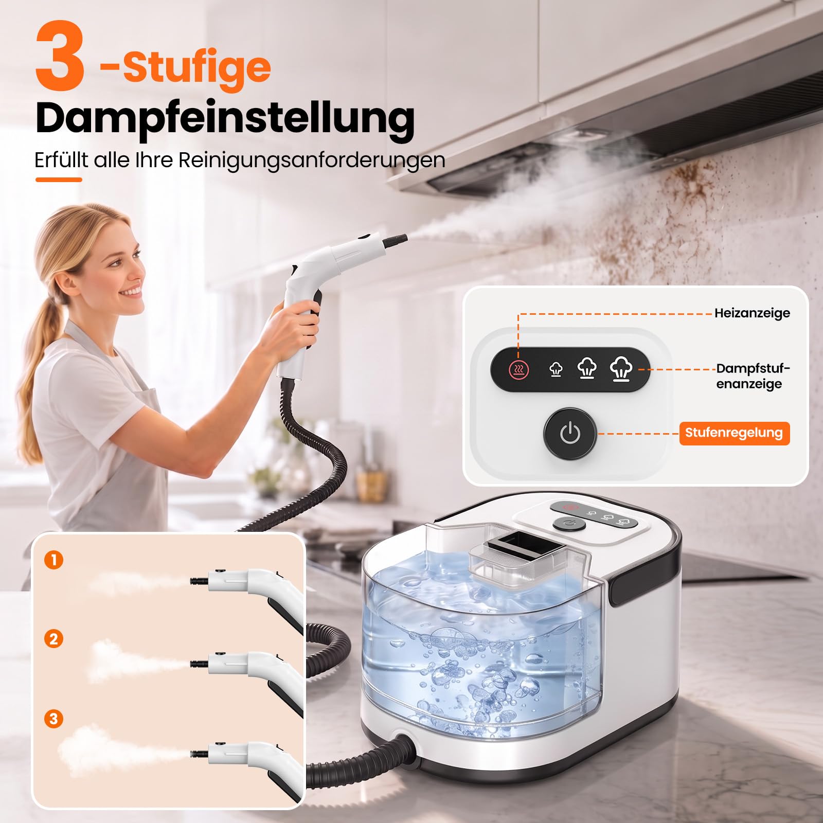 3-Stufig Dampfreiniger Handgerät,20 Sekunden Aufheizzeit und 1,6L Abnehmbarer Großer Tank, 2500W Hochleistungs-Dampfreiniger für Boden, Küche, Fenster, Bad, Auto, Ölentfernung