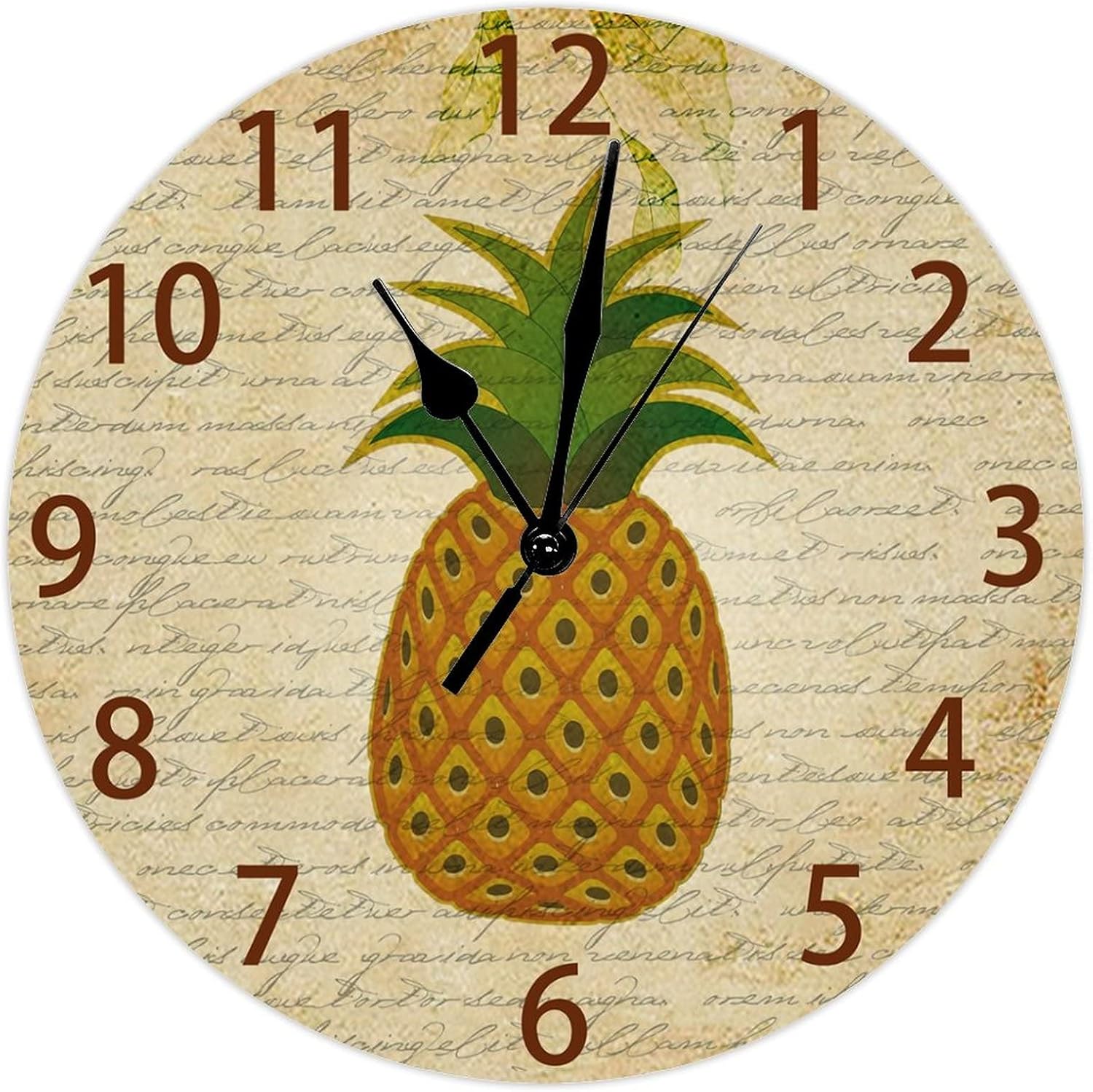 Rustic Pineapple Clock Non Ticking Operated Round Easy to Read Home Office School Silent Clock Round Wooden Fruit Wall Clock for Bathroom Kitchen Bedroom Living Room Patio 15 Inch